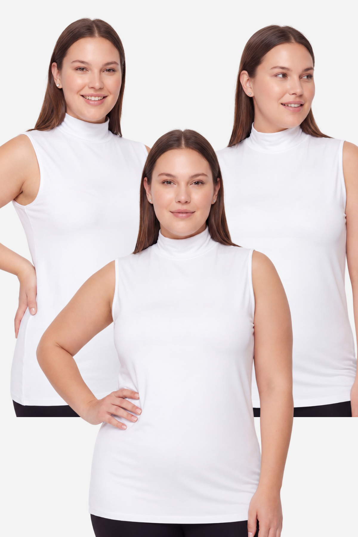 Kadın Büyük Beden Balıkçı Yaka Kolsuz Body Beyaz 3'lü Paket