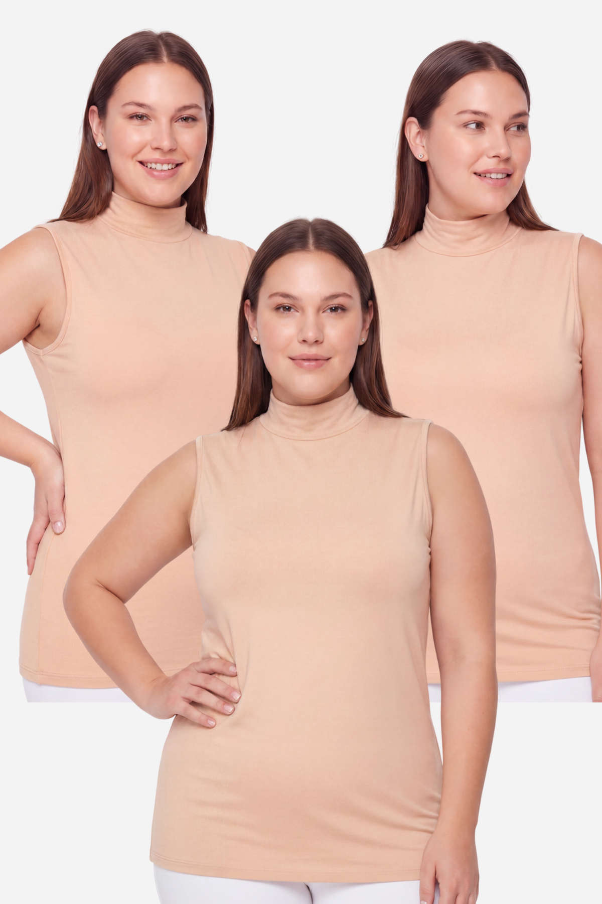 Kadın Büyük Beden Balıkçı Yaka Kolsuz Body Ten 3'lü Paket