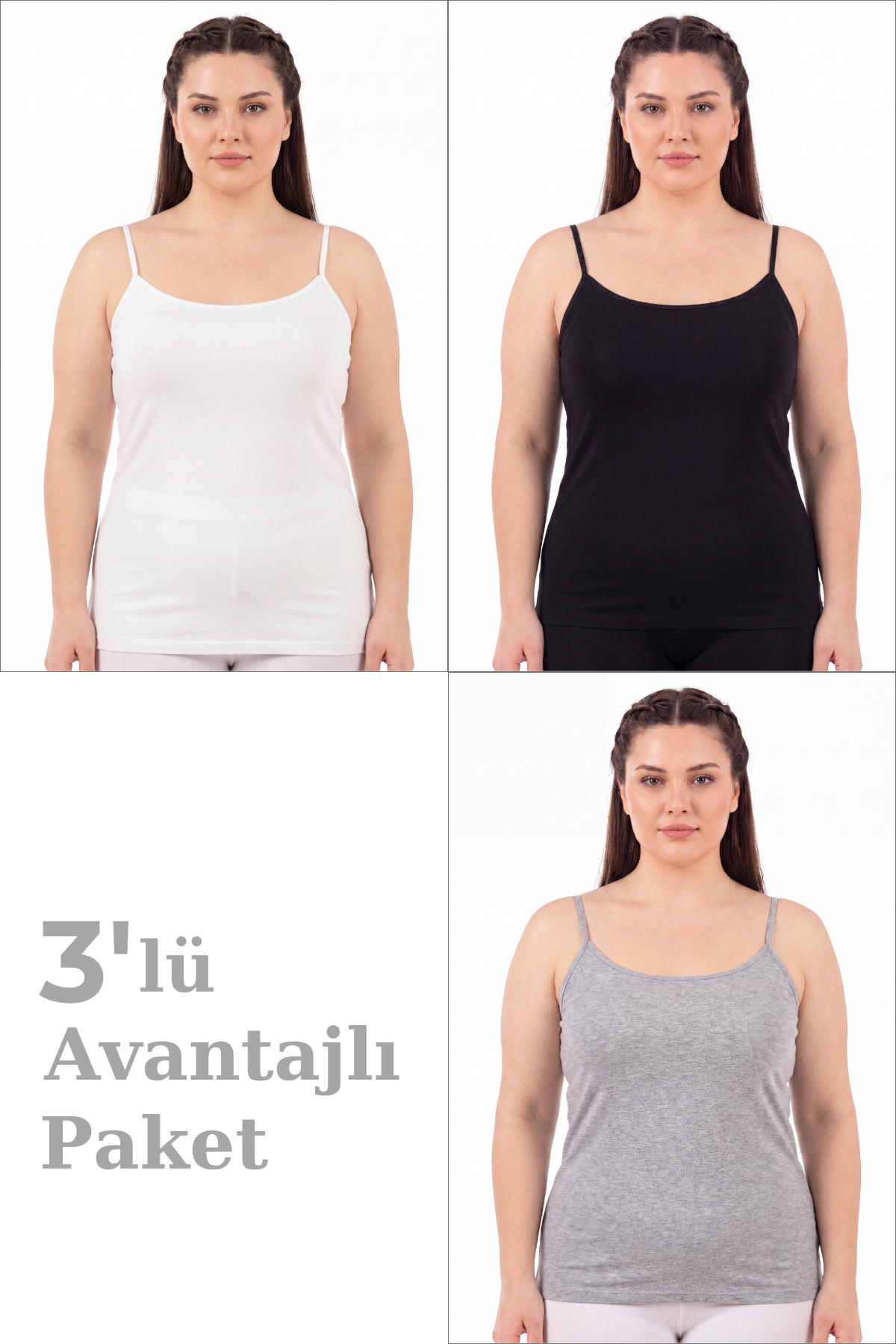 Kadın Büyük Beden İp Askılı Atlet Pamuklu Likralı Yumuşak Esnek Kumaş 3'lü Paket