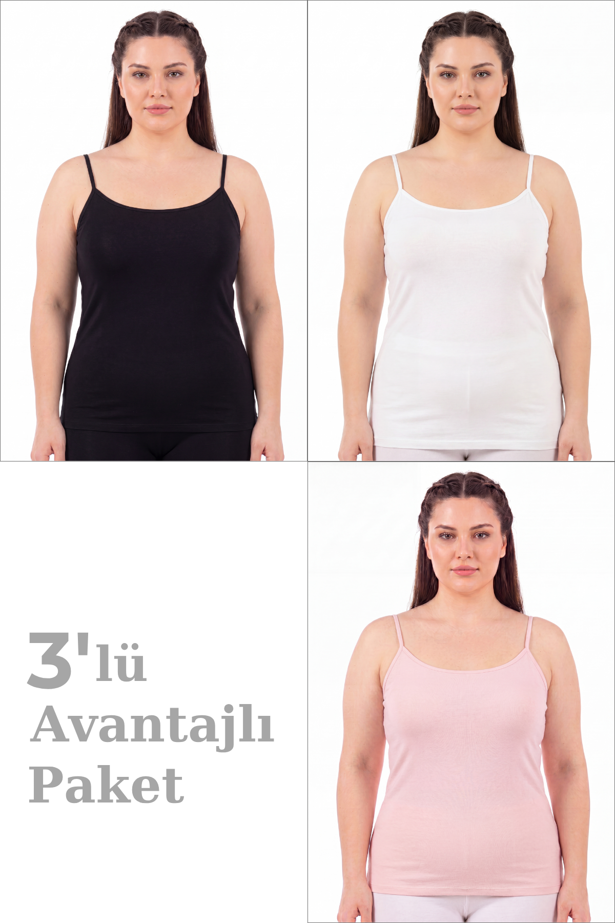 Kadın Büyük Beden İp Askılı Atlet Pamuklu Likralı Yumuşak Esnek Kumaş 3'lü Paket