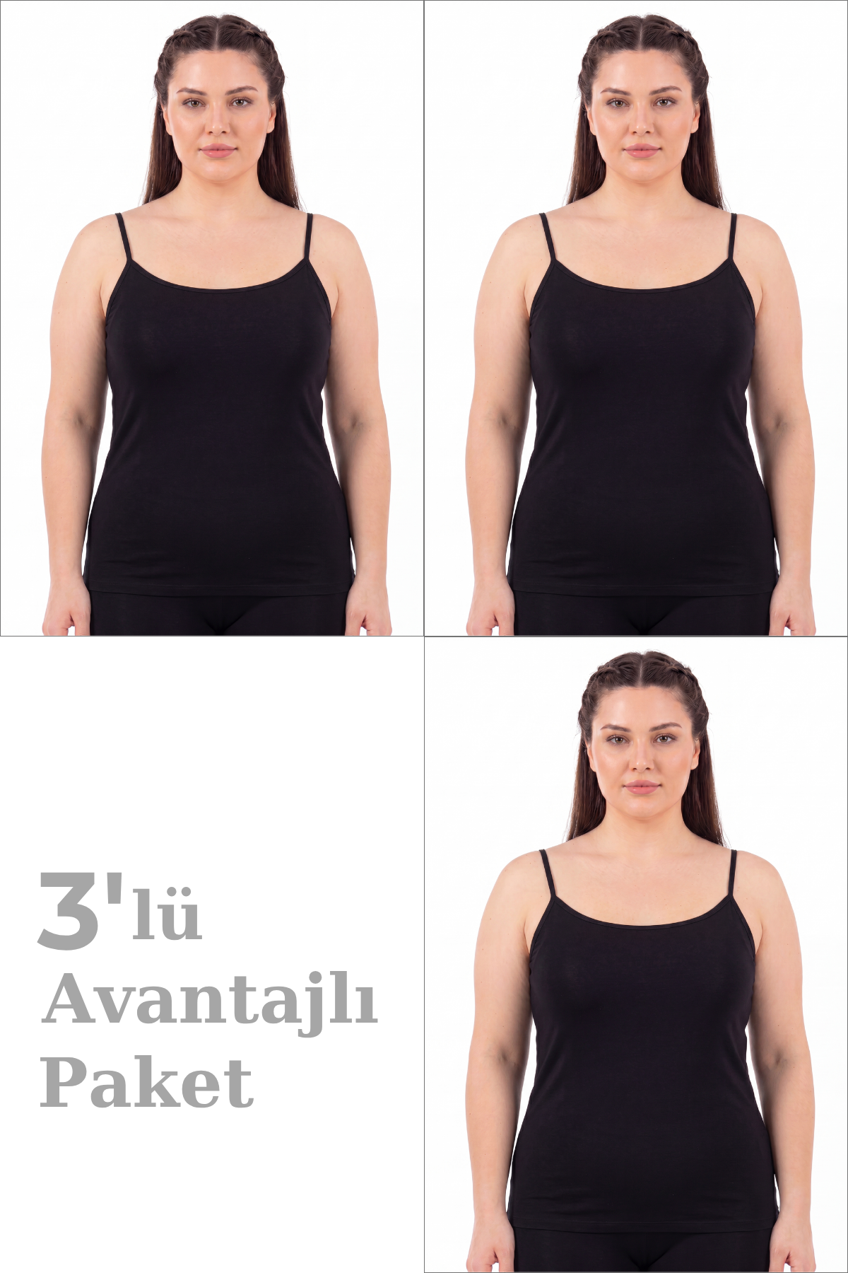Kadın Büyük Beden İp Askılı Atlet Pamuklu Likralı Yumuşak Esnek Kumaş 3'lü Paket