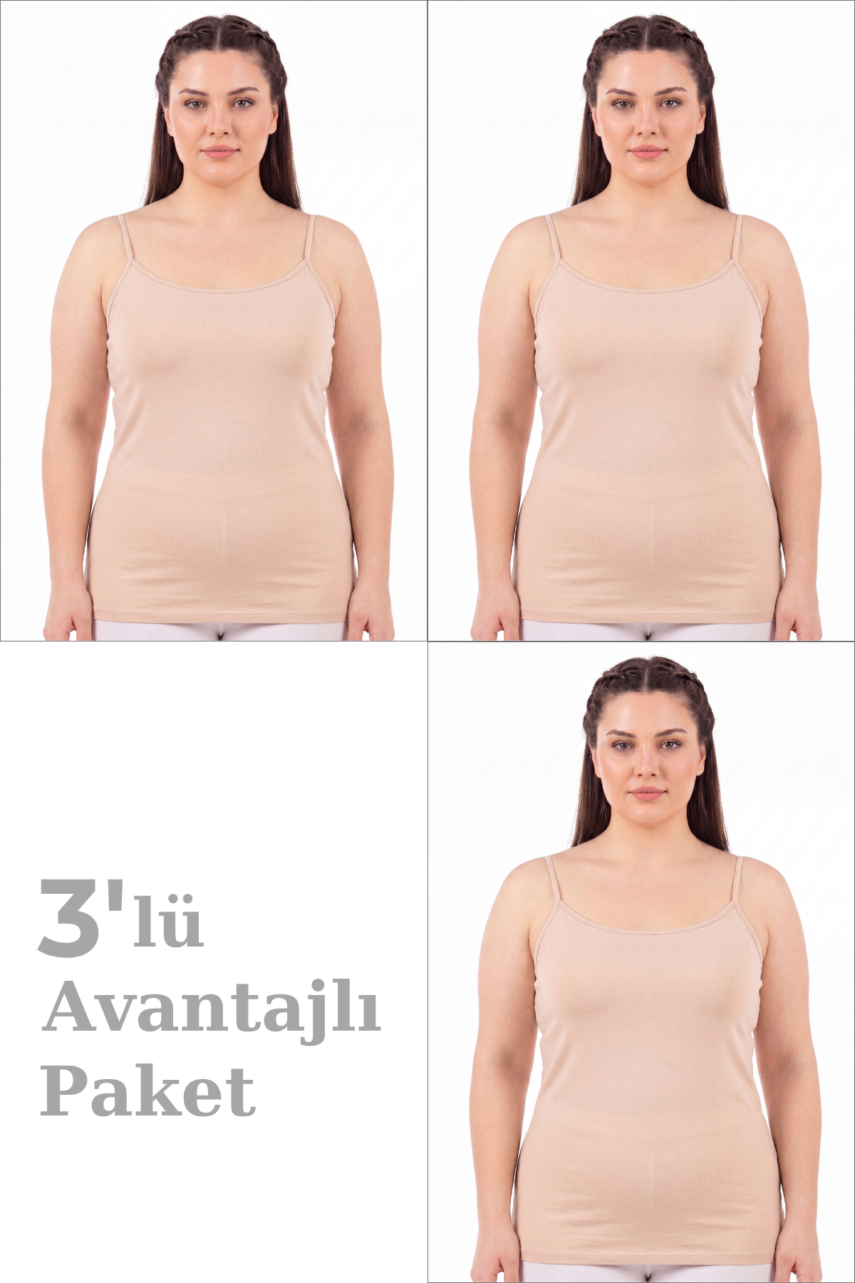 Kadın Büyük Beden İp Askılı Atlet Pamuklu Likralı Yumuşak Esnek Kumaş 3'lü Paket