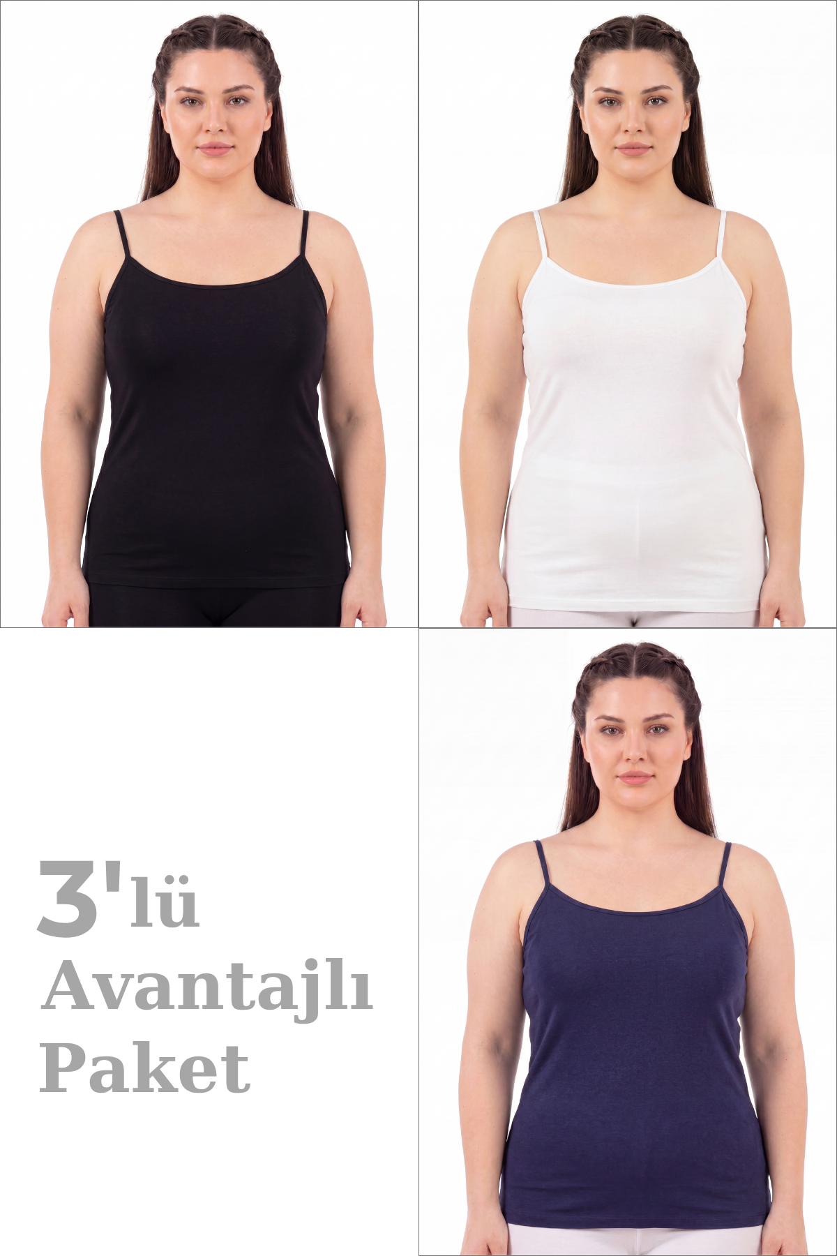 Kadın Büyük Beden İp Askılı Atlet Pamuklu Likralı Yumuşak Esnek Kumaş 3'lü Paket