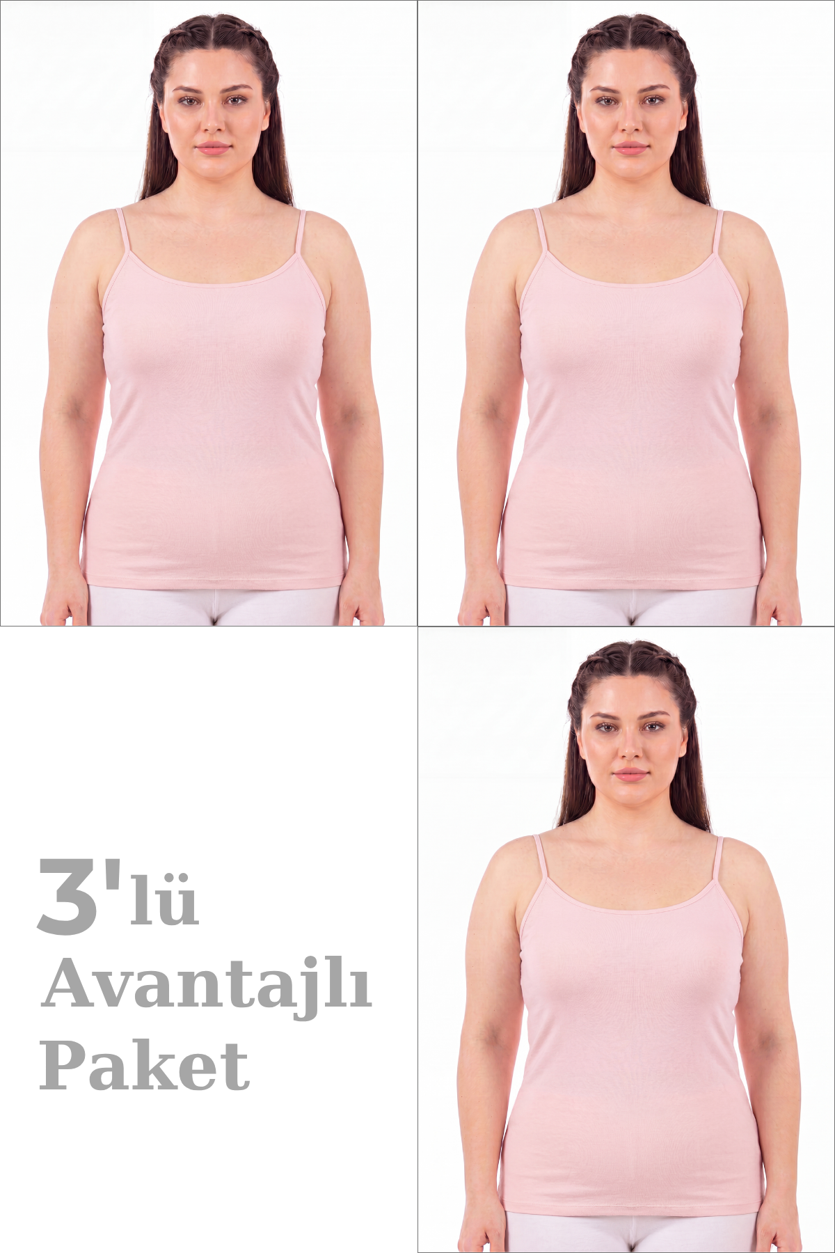Kadın Büyük Beden İp Askılı Atlet Pamuklu Likralı Yumuşak Esnek Kumaş 3'lü Paket