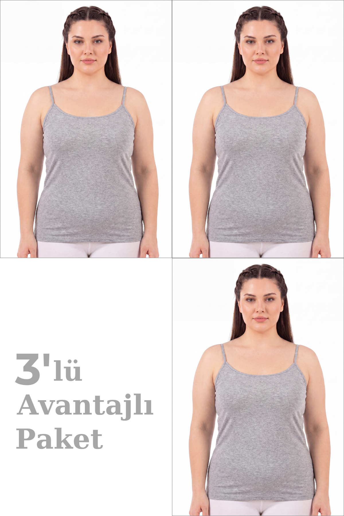 Kadın Büyük Beden İp Askılı Atlet Pamuklu Likralı Yumuşak Esnek Kumaş 3'lü Paket