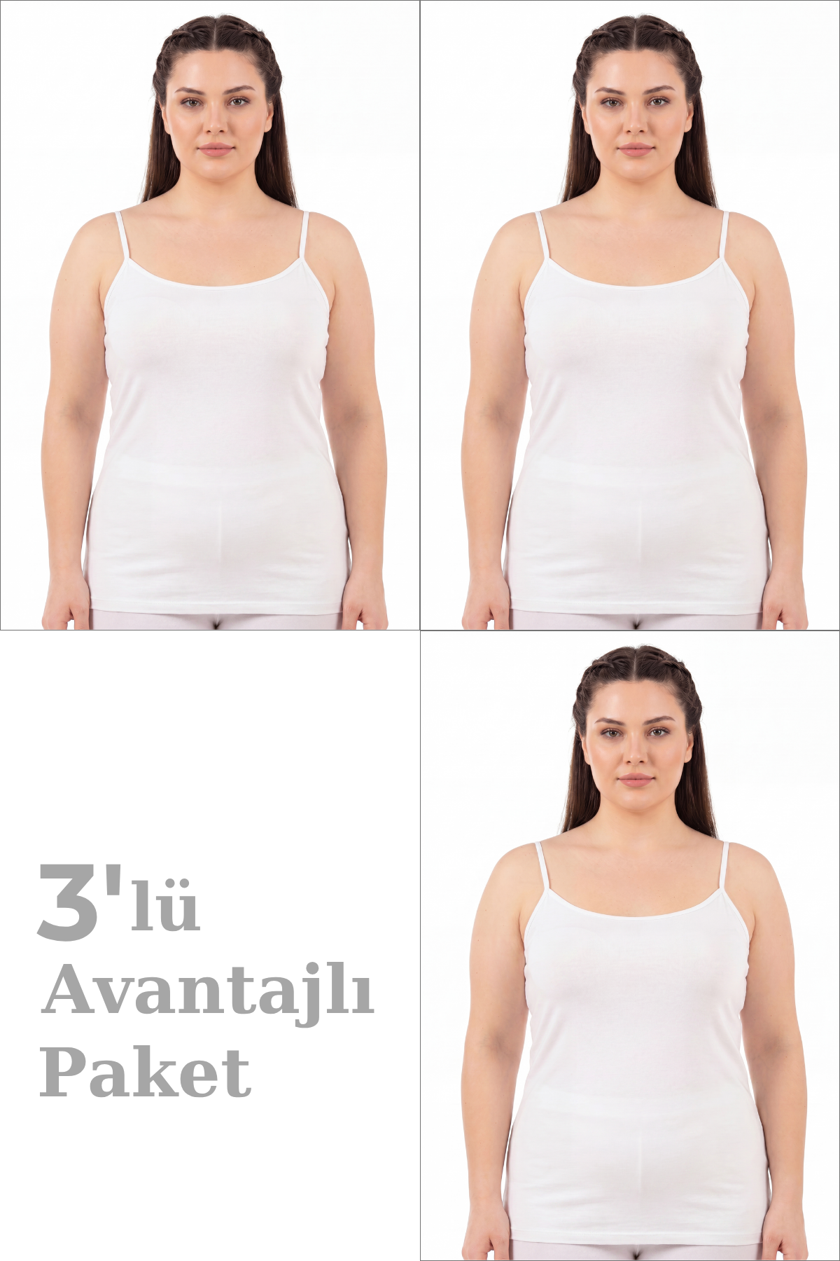 Kadın Büyük Beden İp Askılı Atlet Pamuklu Likralı Yumuşak Esnek Kumaş 3'lü Paket