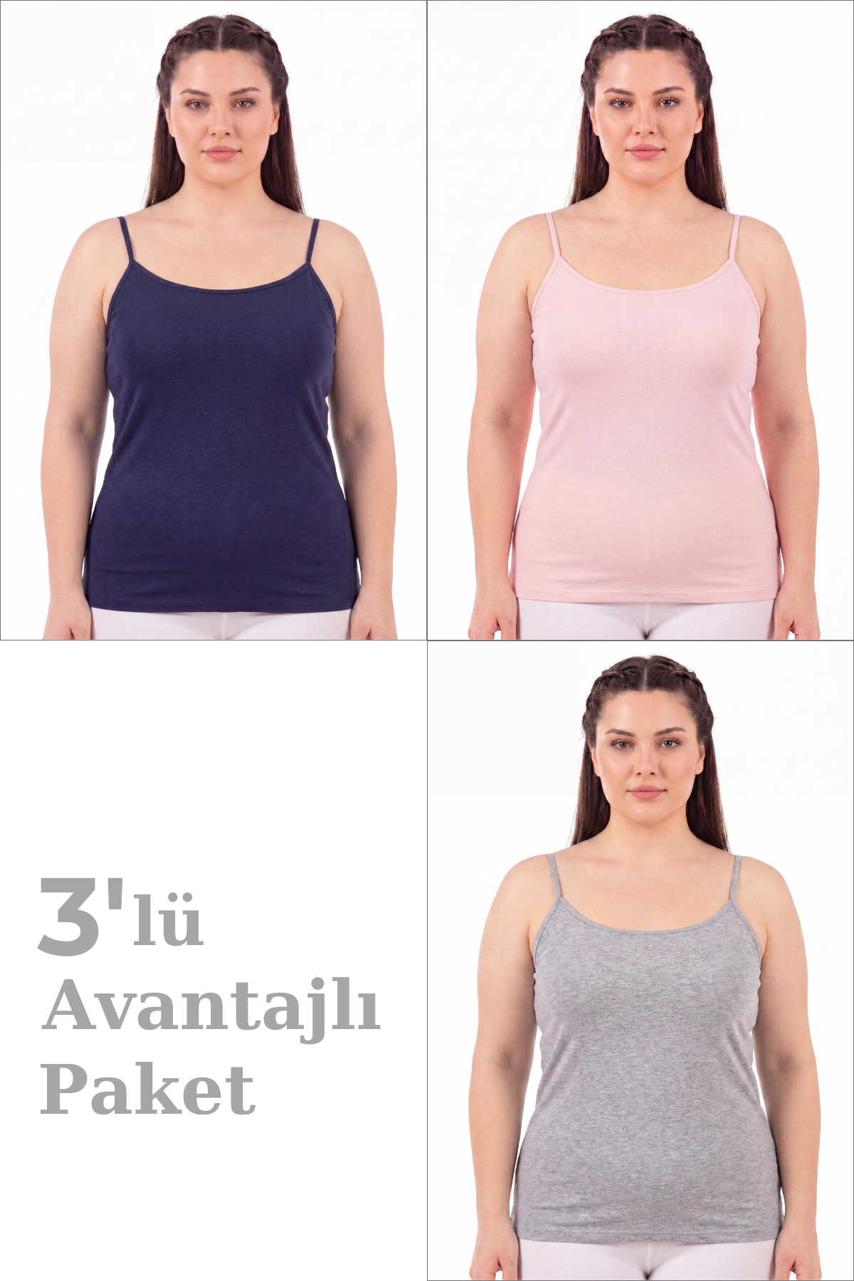 Kadın Büyük Beden İp Askılı Atlet Pamuklu Likralı Yumuşak Esnek Kumaş 3'lü Paket