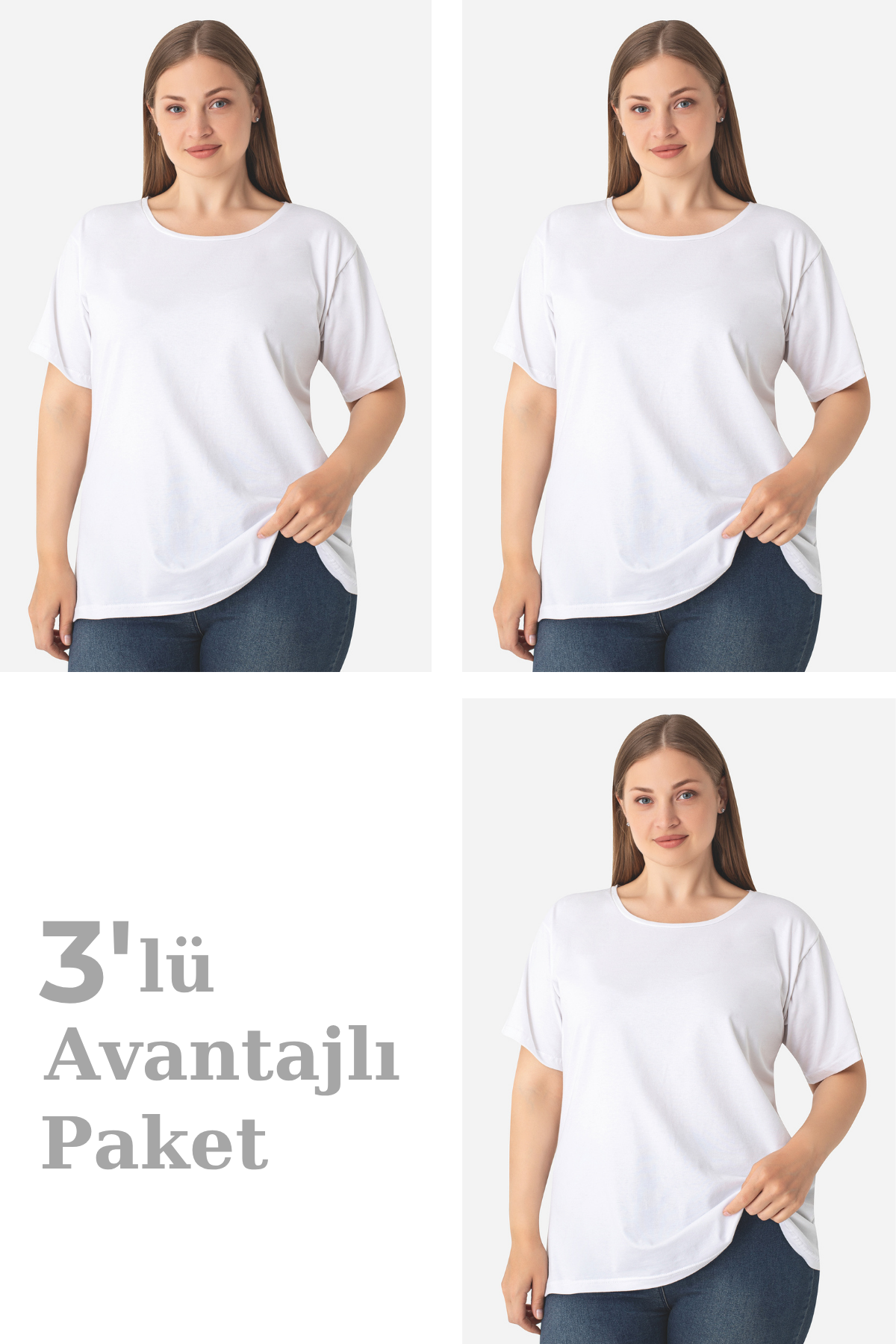 Kadın Büyük Beden Pamuklu Basic Kısa Kollu Bisiklet Yaka Tişört Beyaz 3'lü Paket