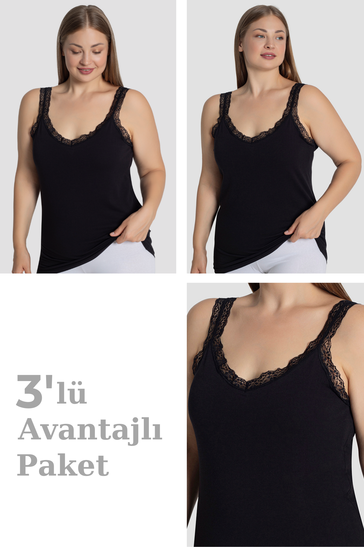 Kadın Büyük Beden Pamuklu Dantelli Atlet Esnek ve Rahat Siyah 3'lü Paket