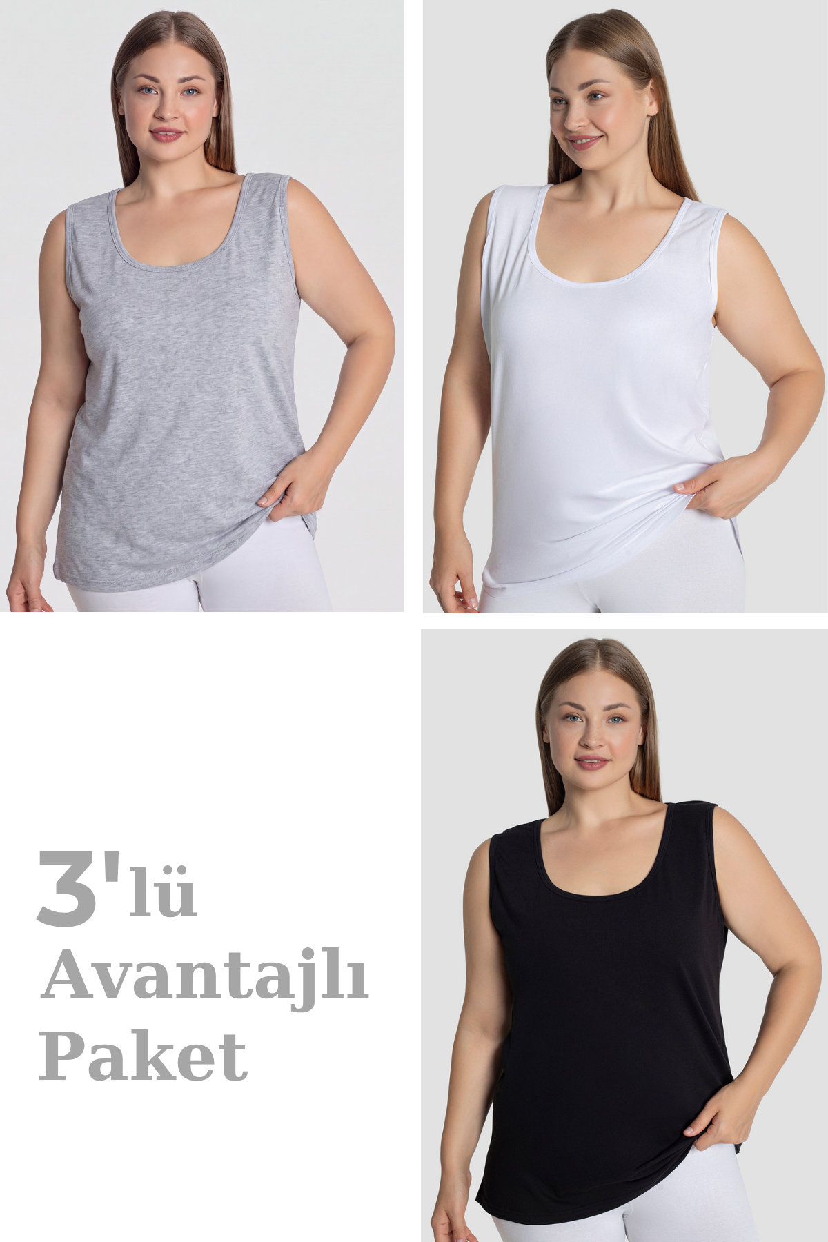 Kadın Pamuklu Büyük Beden Kalın Askılı Atlet 3'lü Paket