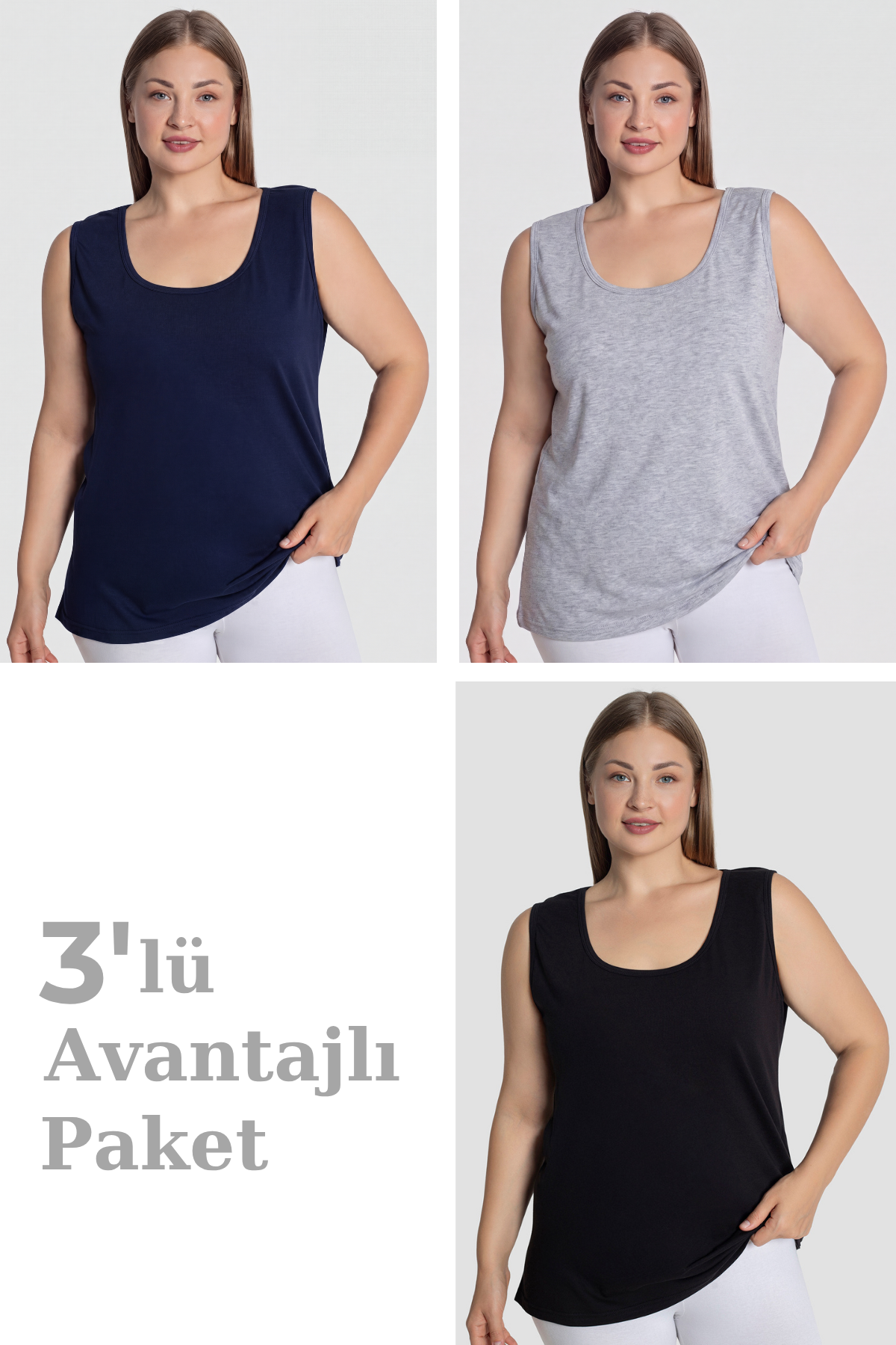 Kadın Pamuklu Büyük Beden Kalın Askılı Atlet 3'lü Paket