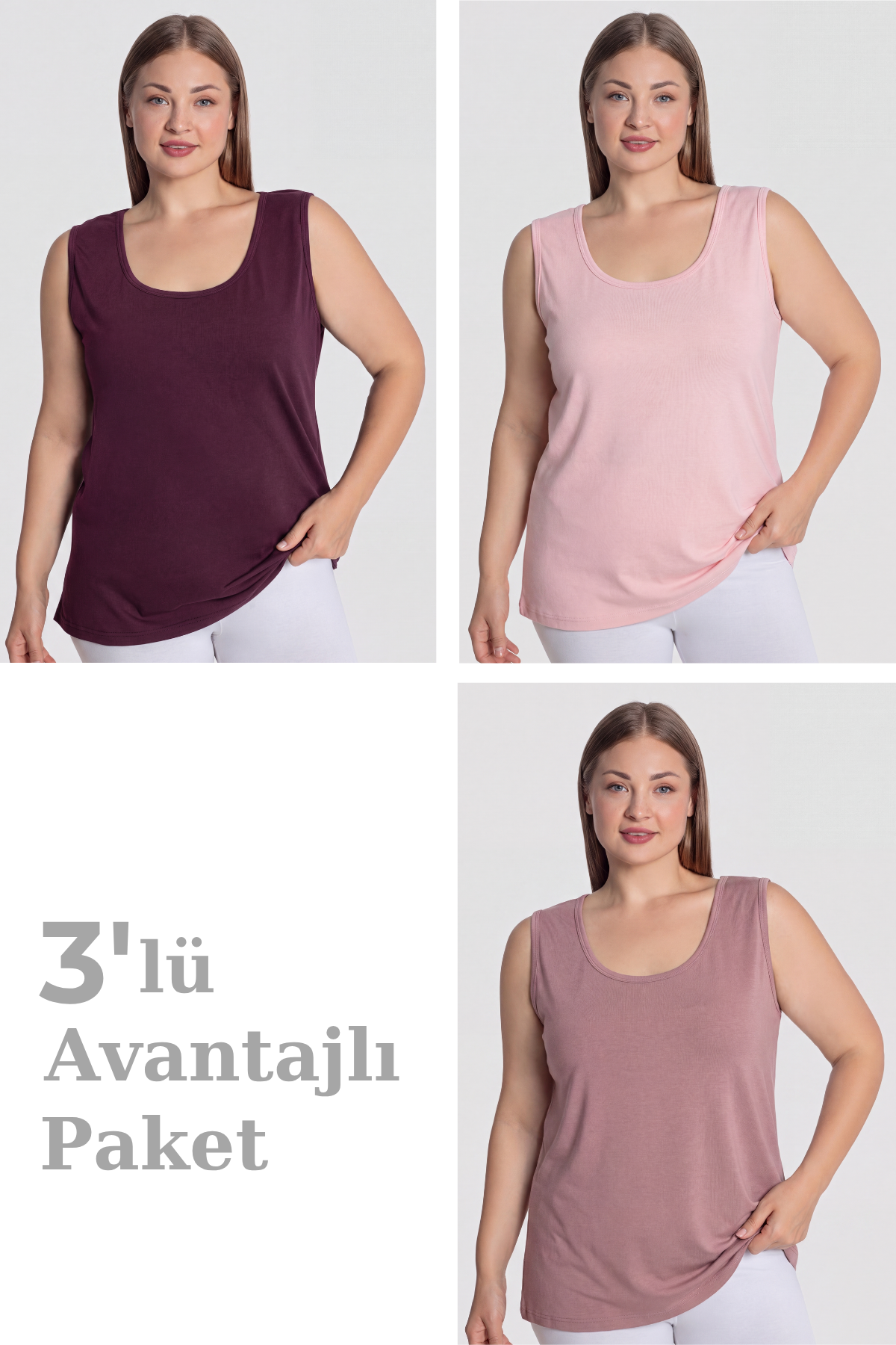 Kadın Pamuklu Büyük Beden Kalın Askılı Atlet 3'lü Paket
