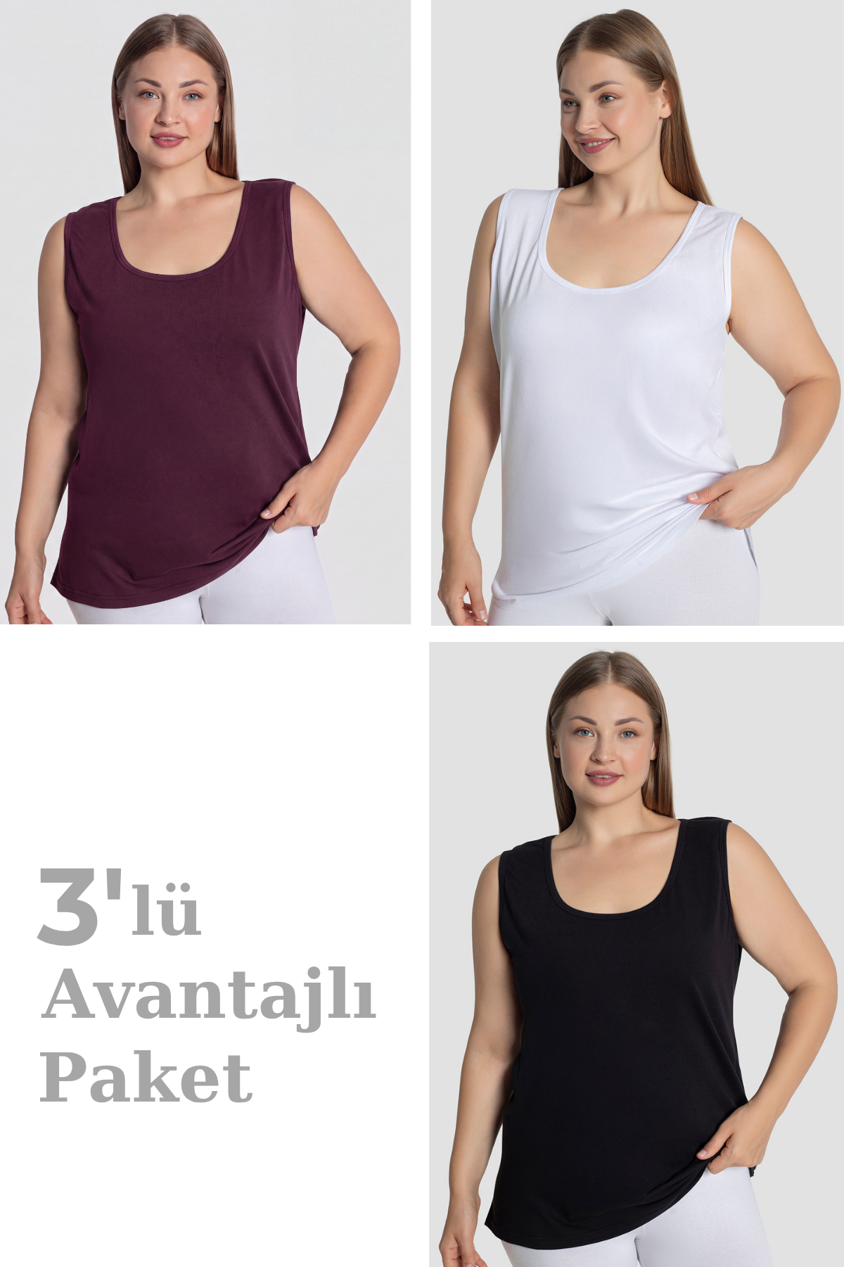 Kadın Pamuklu Büyük Beden Kalın Askılı Atlet 3'lü Paket