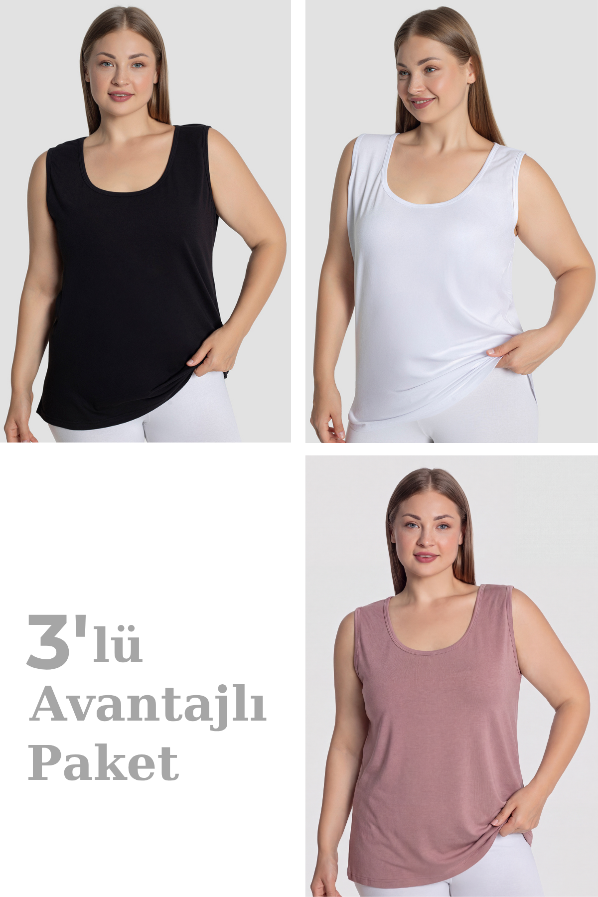 Kadın Pamuklu Büyük Beden Kalın Askılı Atlet 3'lü Paket