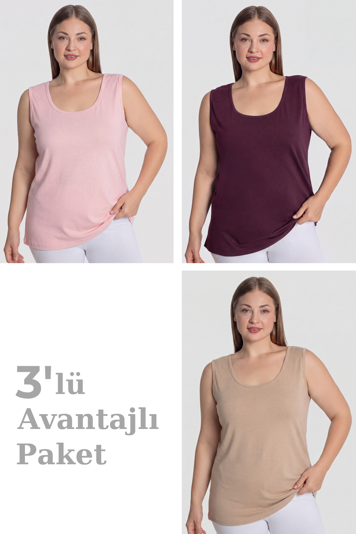 Kadın Pamuklu Büyük Beden Kalın Askılı Atlet 3'lü Paket