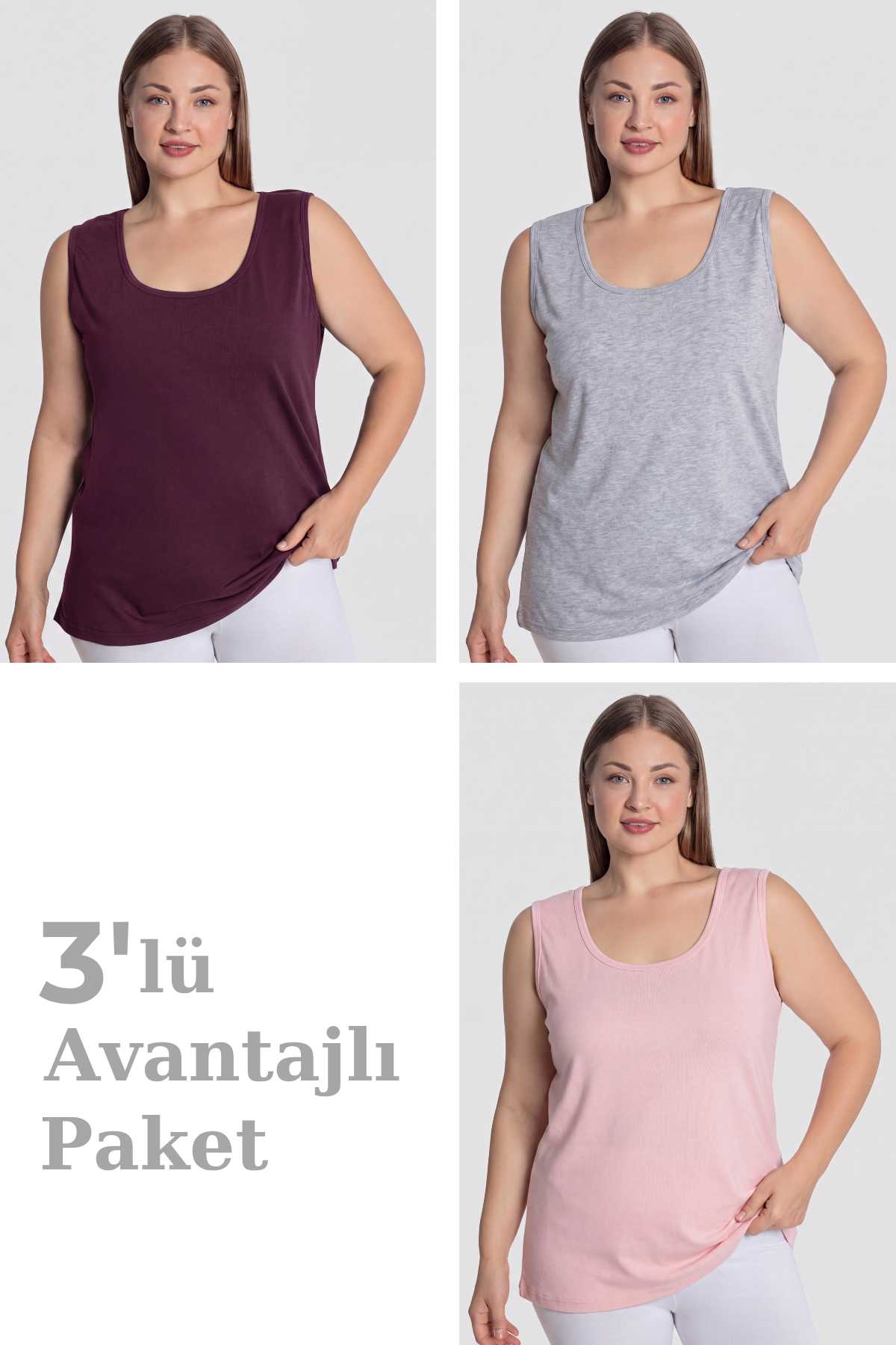 Kadın Pamuklu Büyük Beden Kalın Askılı Atlet 3'lü Paket