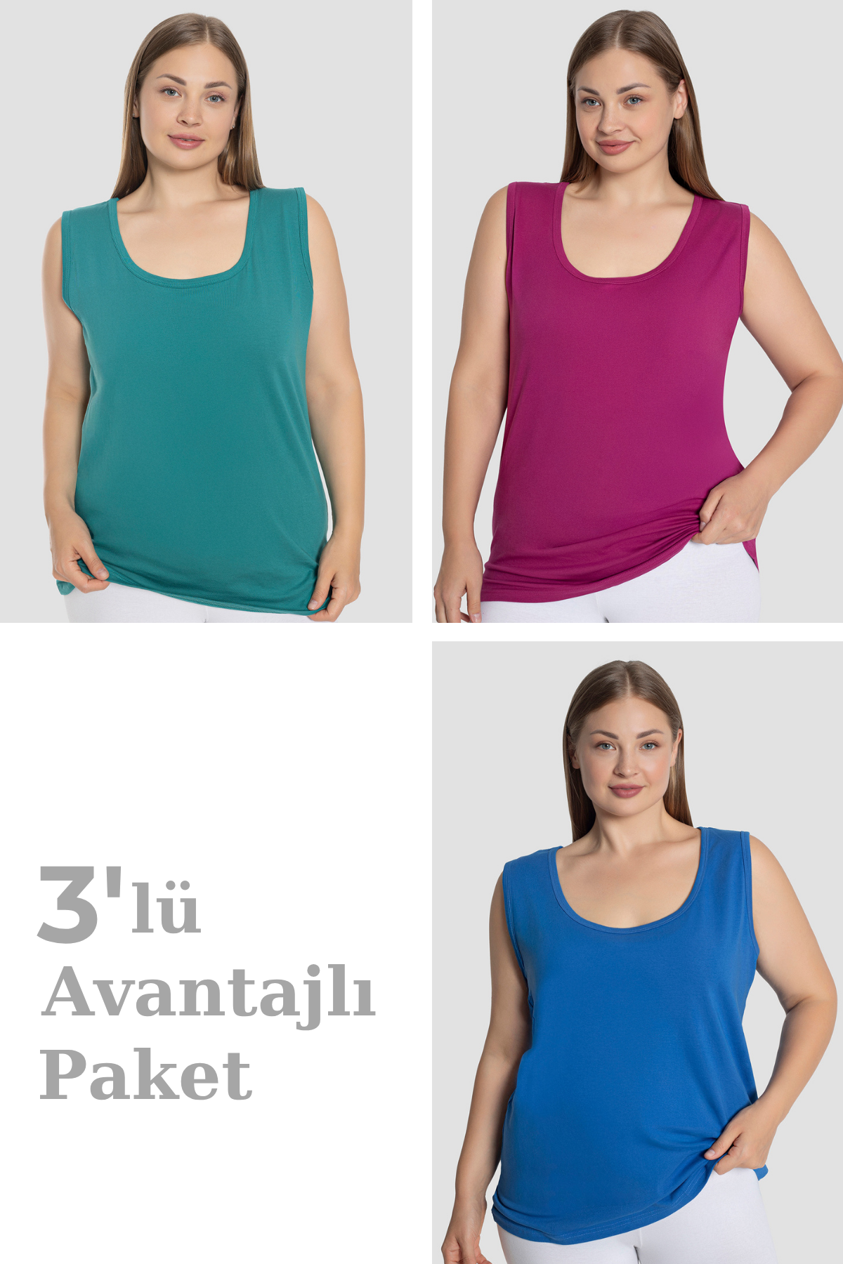Kadın Pamuklu Büyük Beden Kalın Askılı Atlet 3'lü Paket