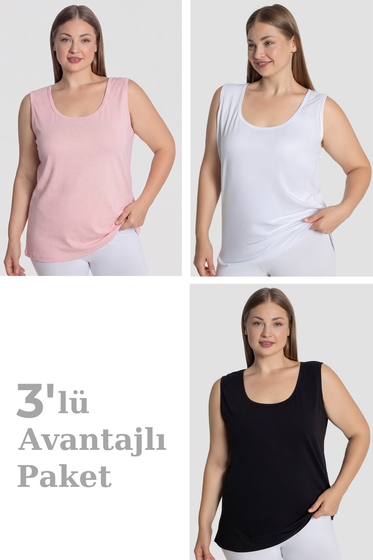 Kadın Pamuklu Büyük Beden Kalın Askılı Atlet 3'lü Paket