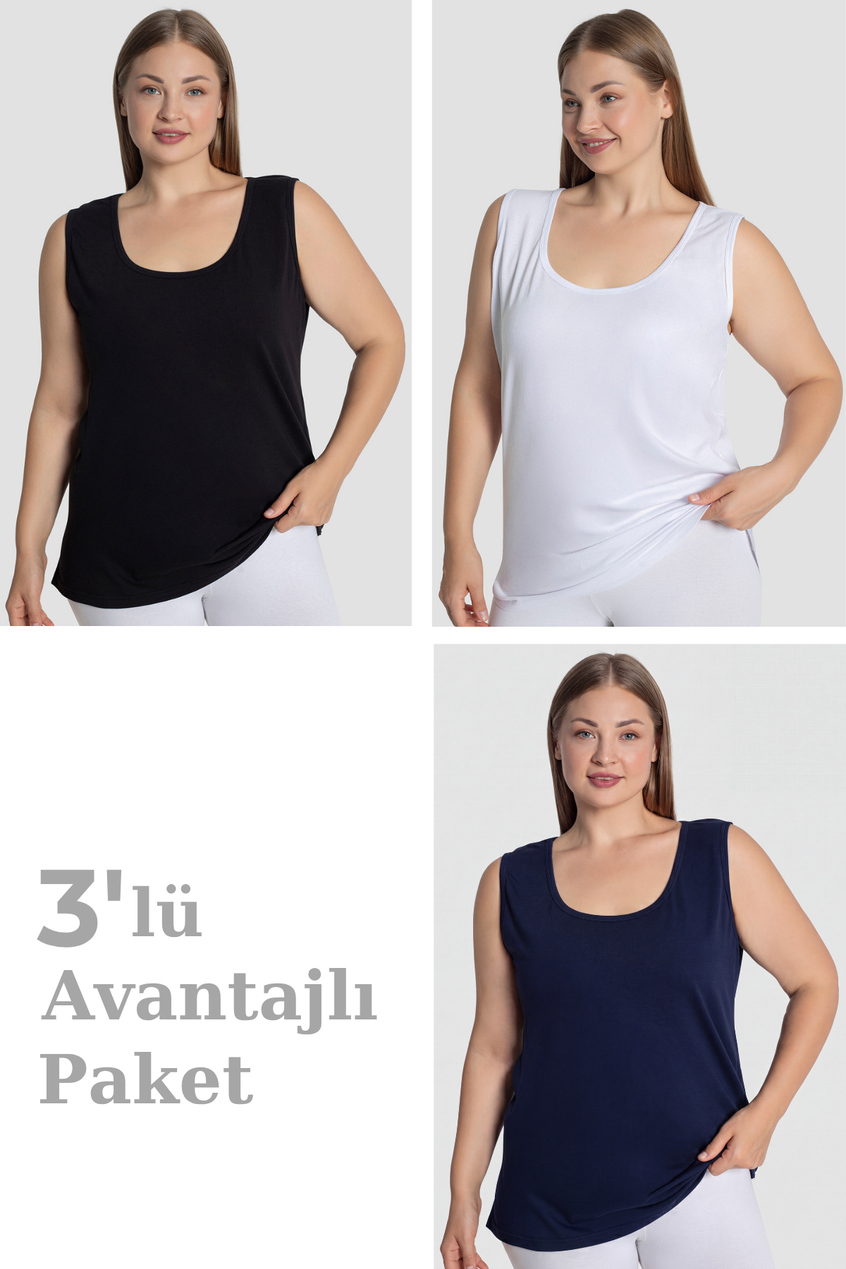 Kadın Pamuklu Büyük Beden Kalın Askılı Atlet 3'lü Paket