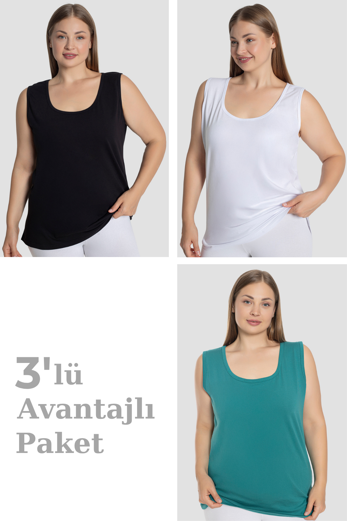 Kadın Pamuklu Büyük Beden Kalın Askılı Atlet 3'lü Paket