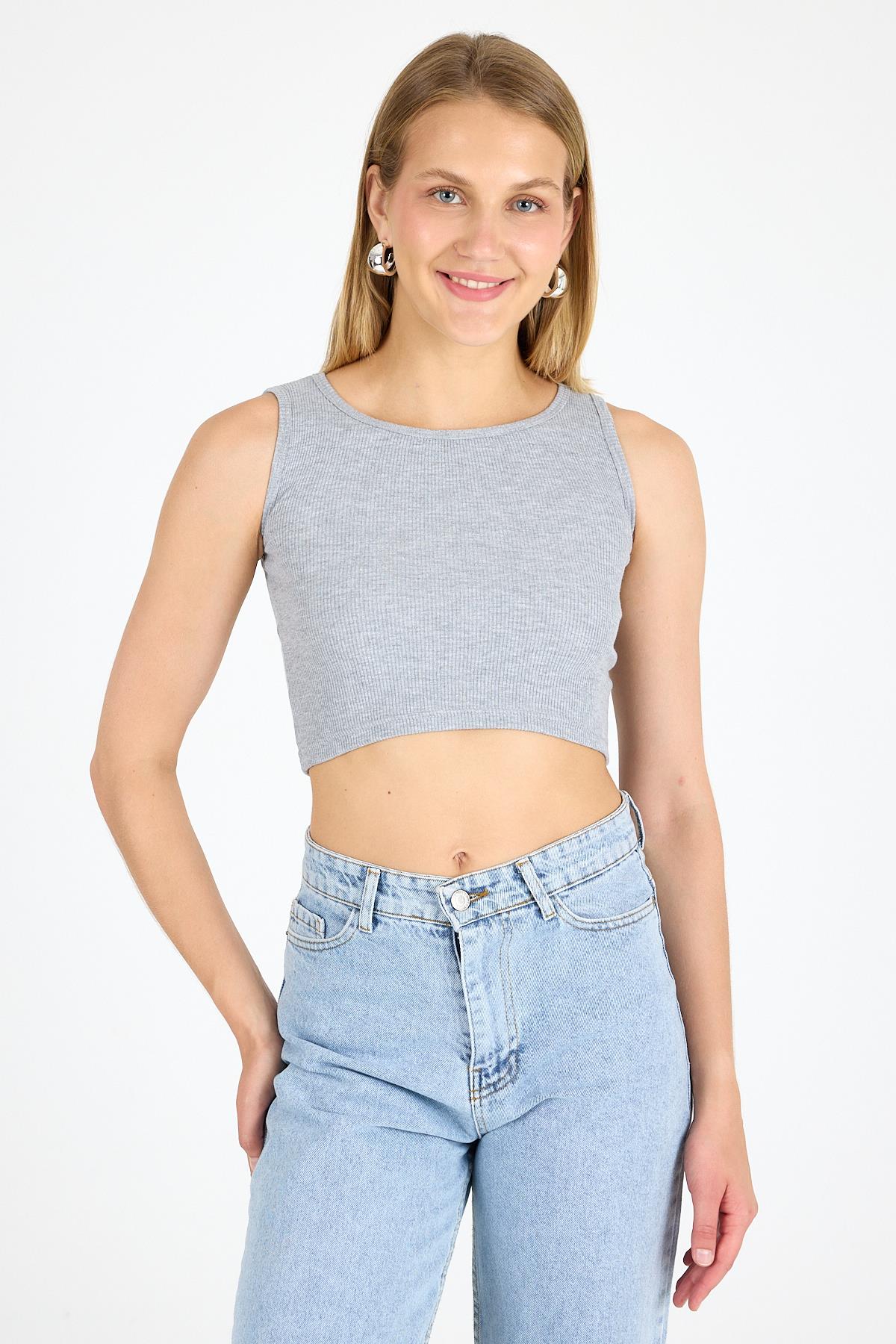 Kadın Pamuklu Fitilli Halter Yaka Kalın Askılı Crop Büstiyer Gri