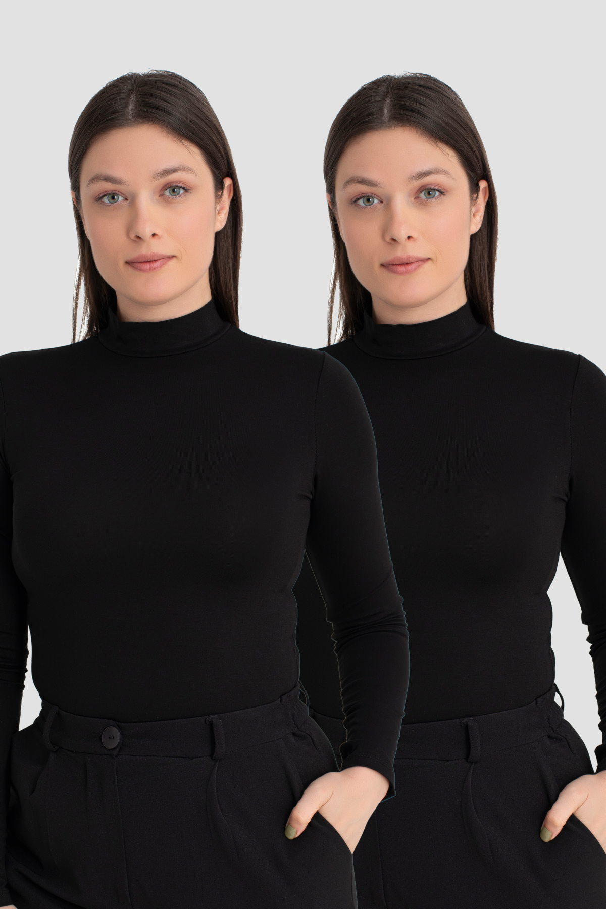 Kadın Siyah Balıkçı Yaka Uzun Kollu Body 2'li Paket
