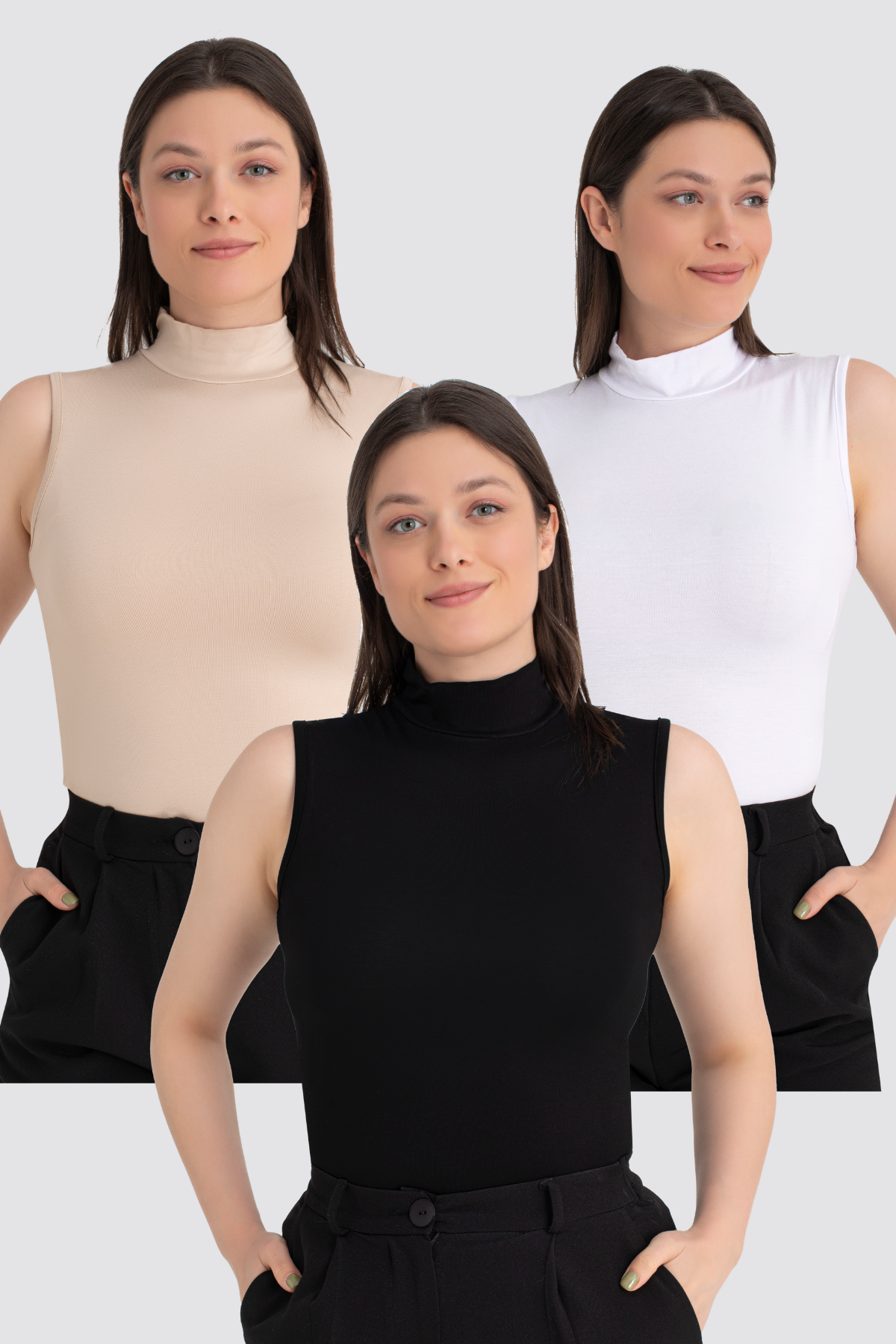 Kadın Siyah Beyaz Ten Balıkçı Yaka Kolsuz Body 3'lü Paket