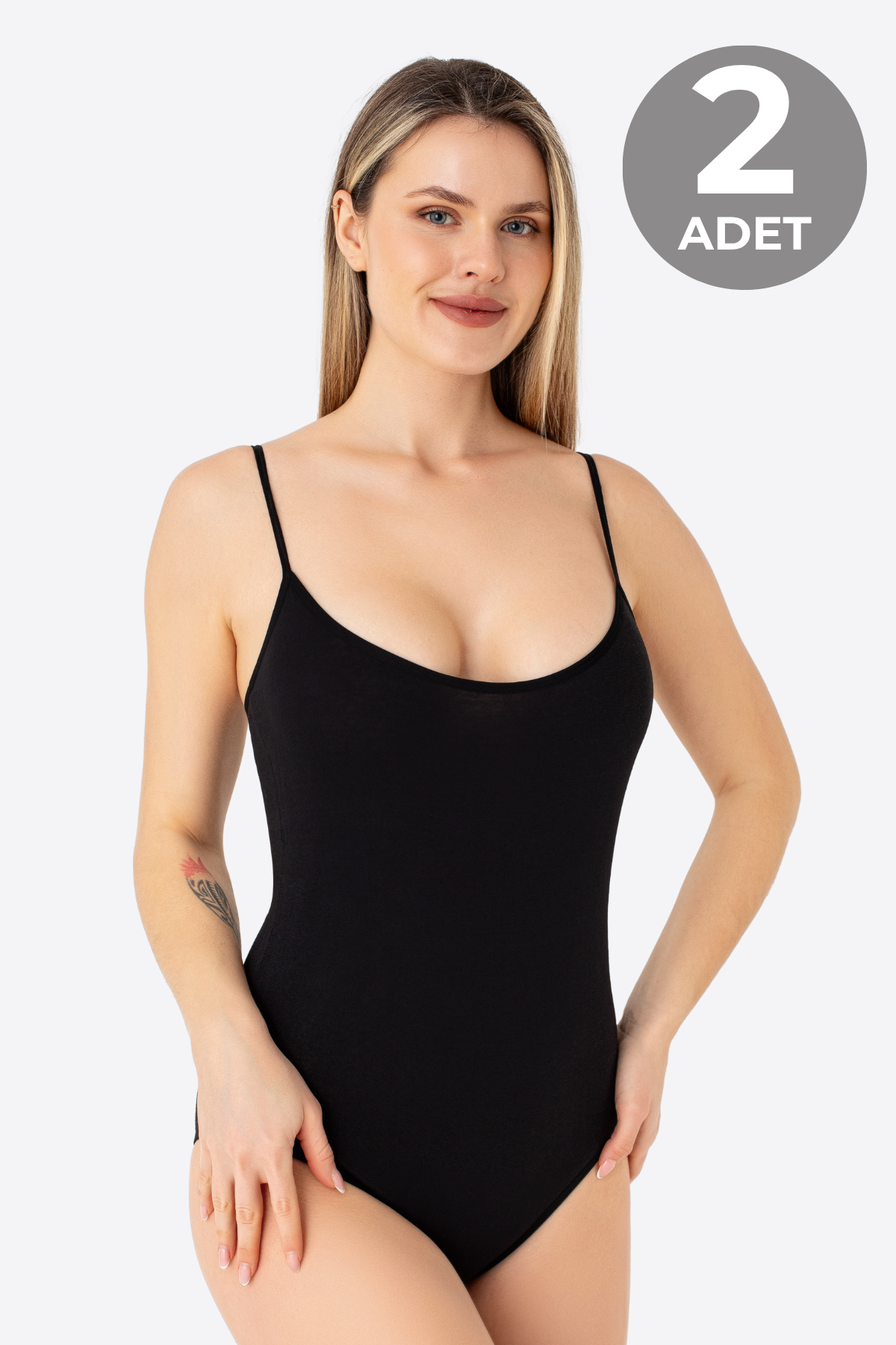 Kadın Siyah İp Askılı Çıtçıtlı Atlet Body Zıbın Pamuklu Likralı 2'li Paket