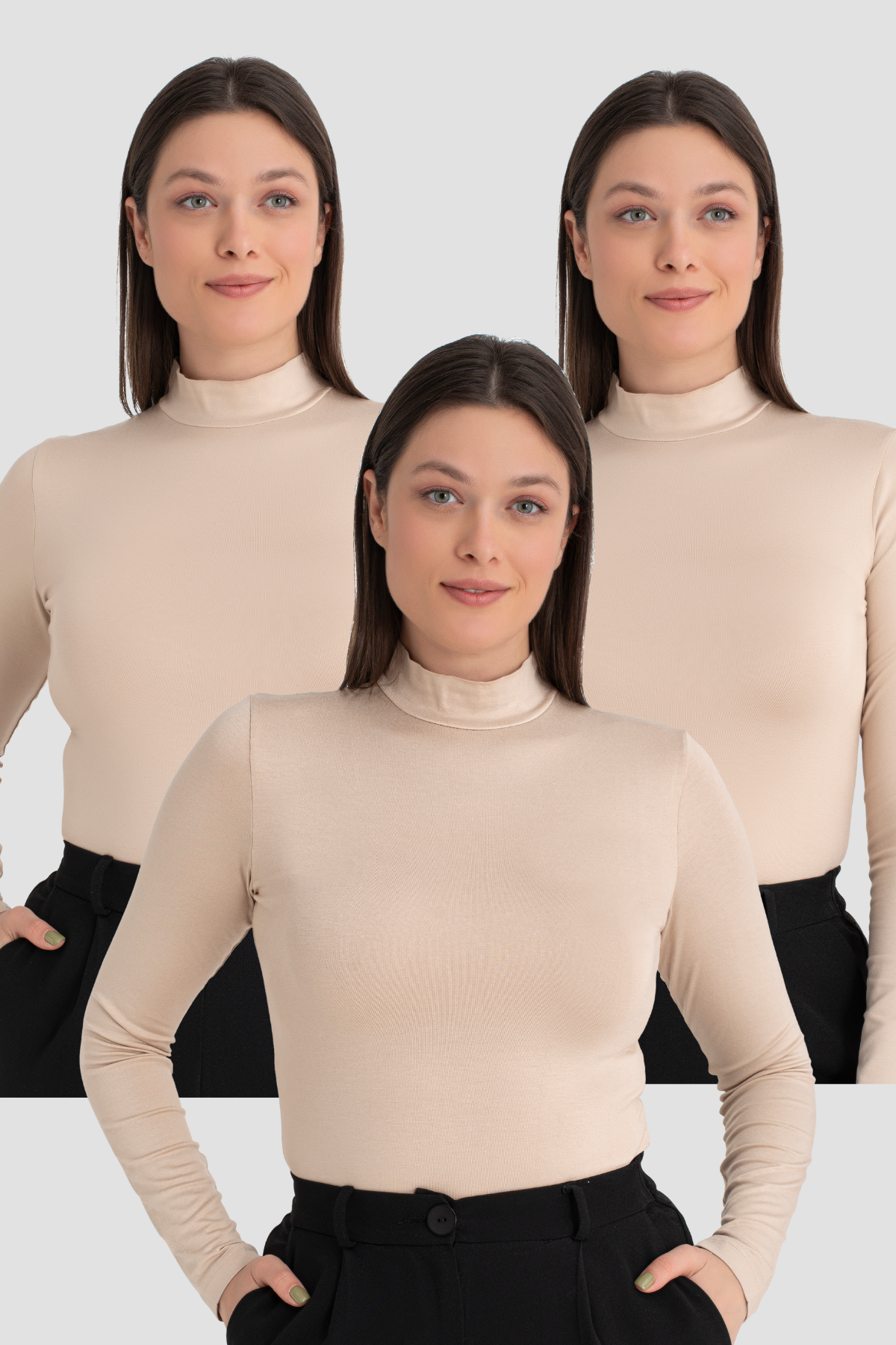 Kadın Ten Balıkçı Yaka Uzun Kollu Body 3 Adet