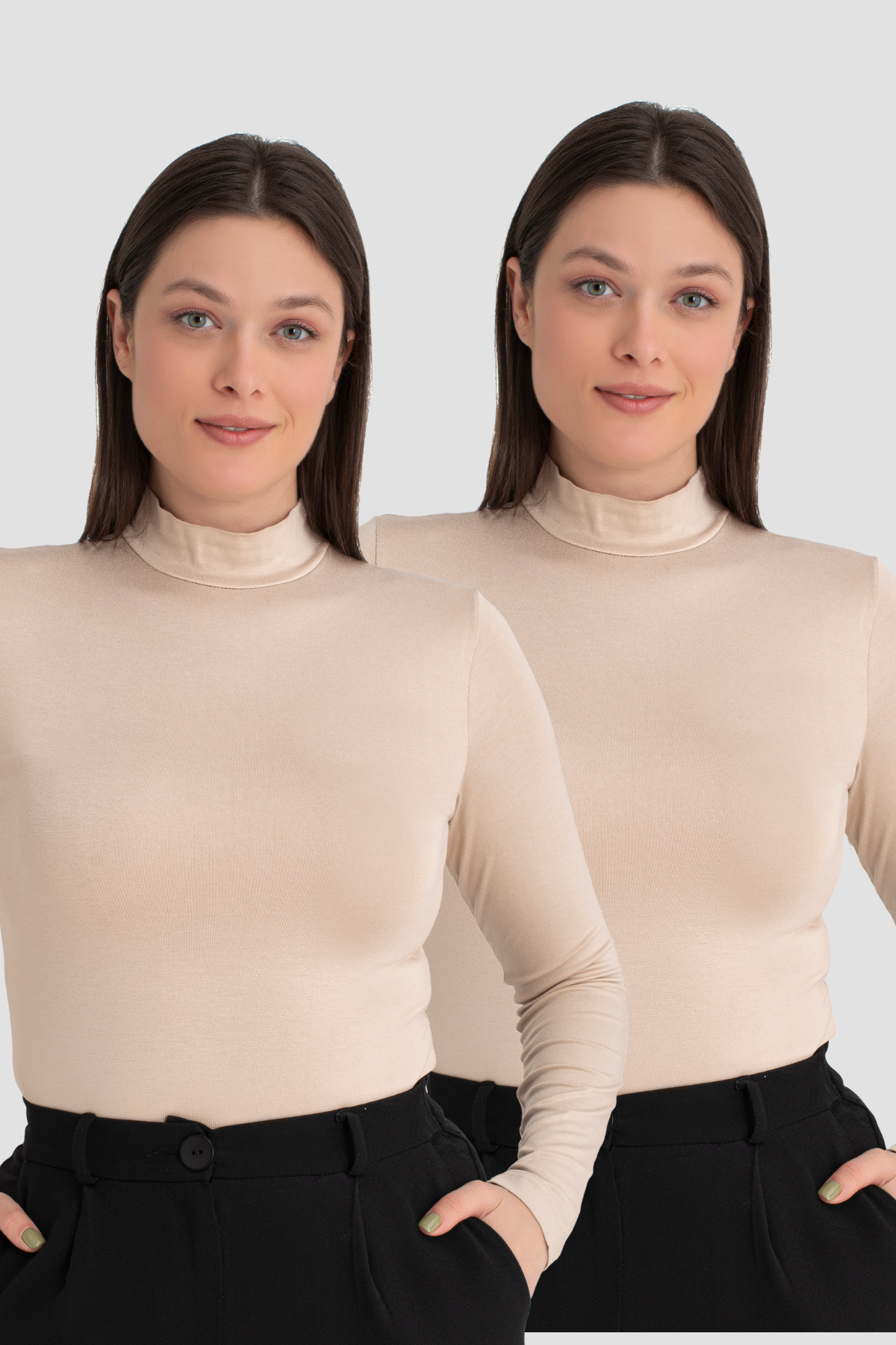 Kadın Ten Balıkçı Yaka Uzun Kollu Body 2'li Paket