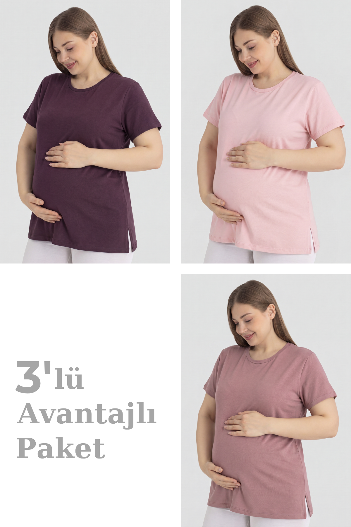 Pamuklu Kısa Kollu Hamile Tişört 3'lü Paket – Yumuşak ve Rahat Hamile Giyim