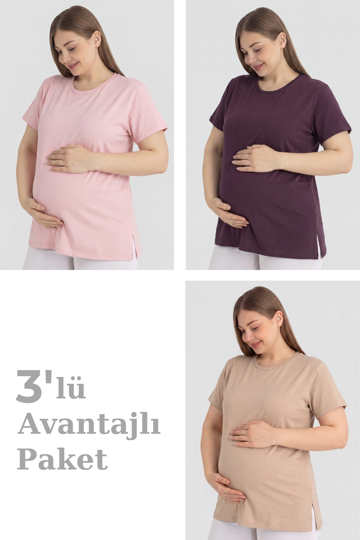 Pamuklu Kısa Kollu Hamile Tişört 3'lü Paket – Yumuşak ve Rahat Hamile Giyim