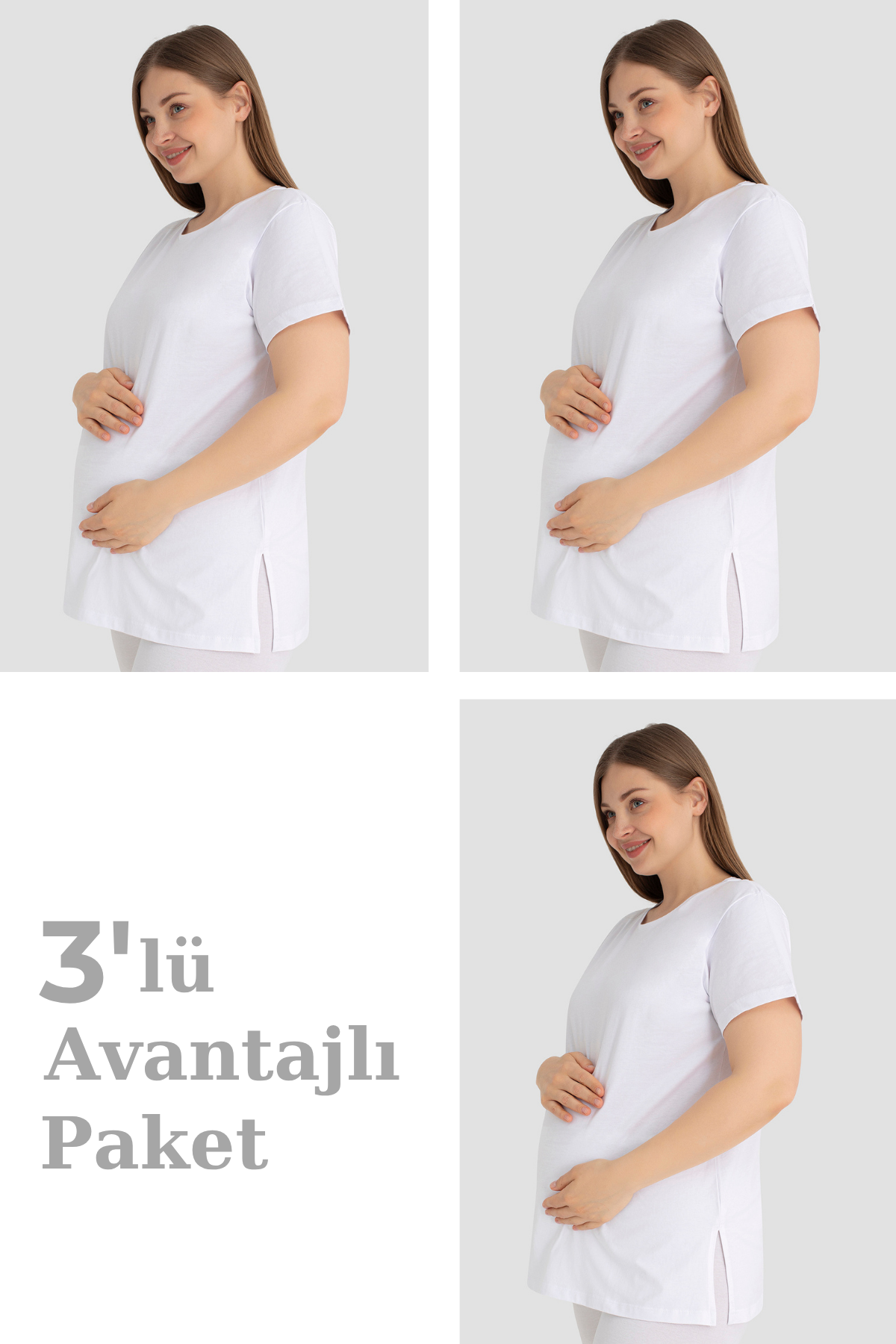 Pamuklu Kısa Kollu Hamile Tişört Beyaz 3'lü Paket – Yumuşak ve Rahat Hamile Giyim
