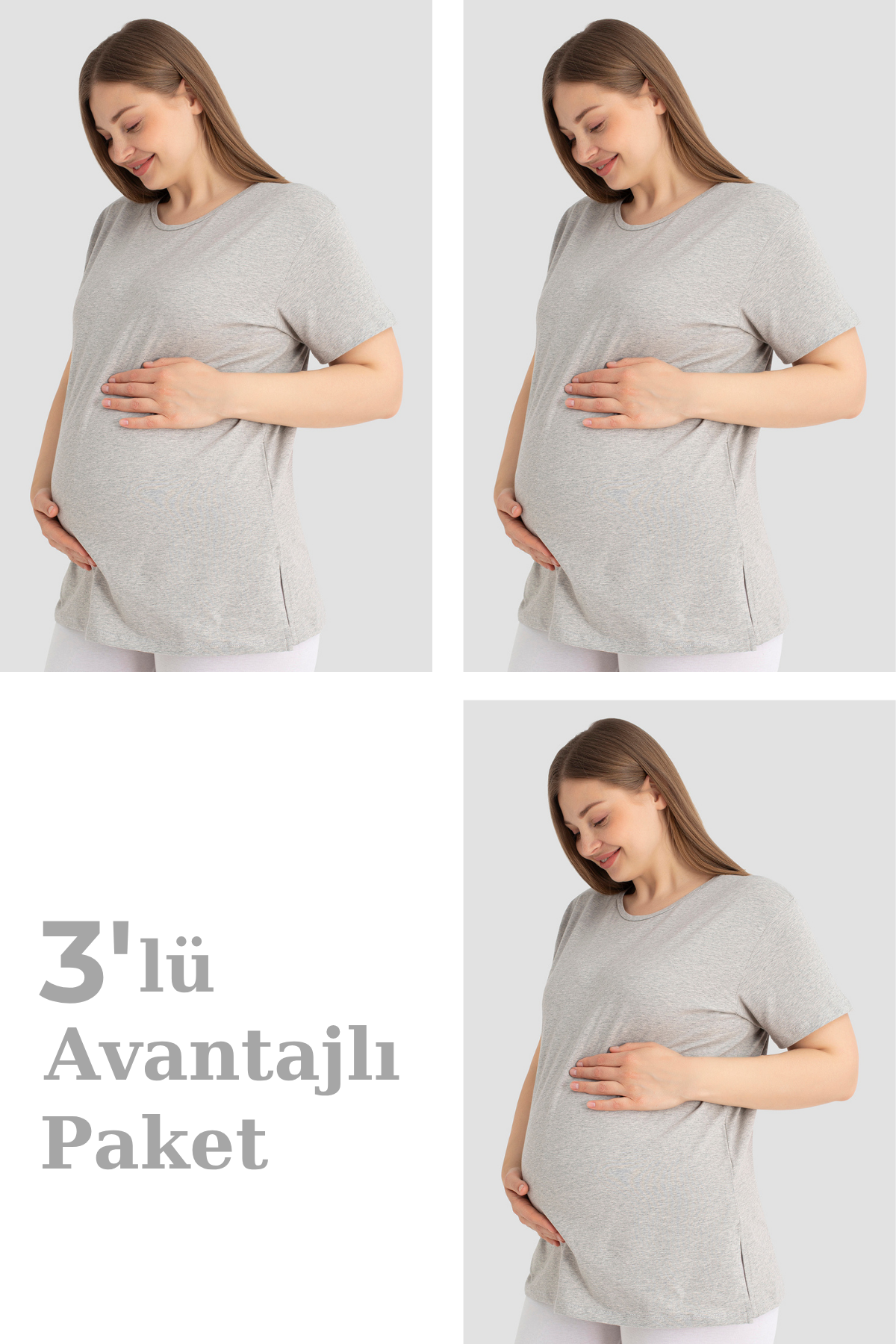Pamuklu Kısa Kollu Hamile Tişört Gri 3'lü Paket – Yumuşak ve Rahat Hamile Giyim