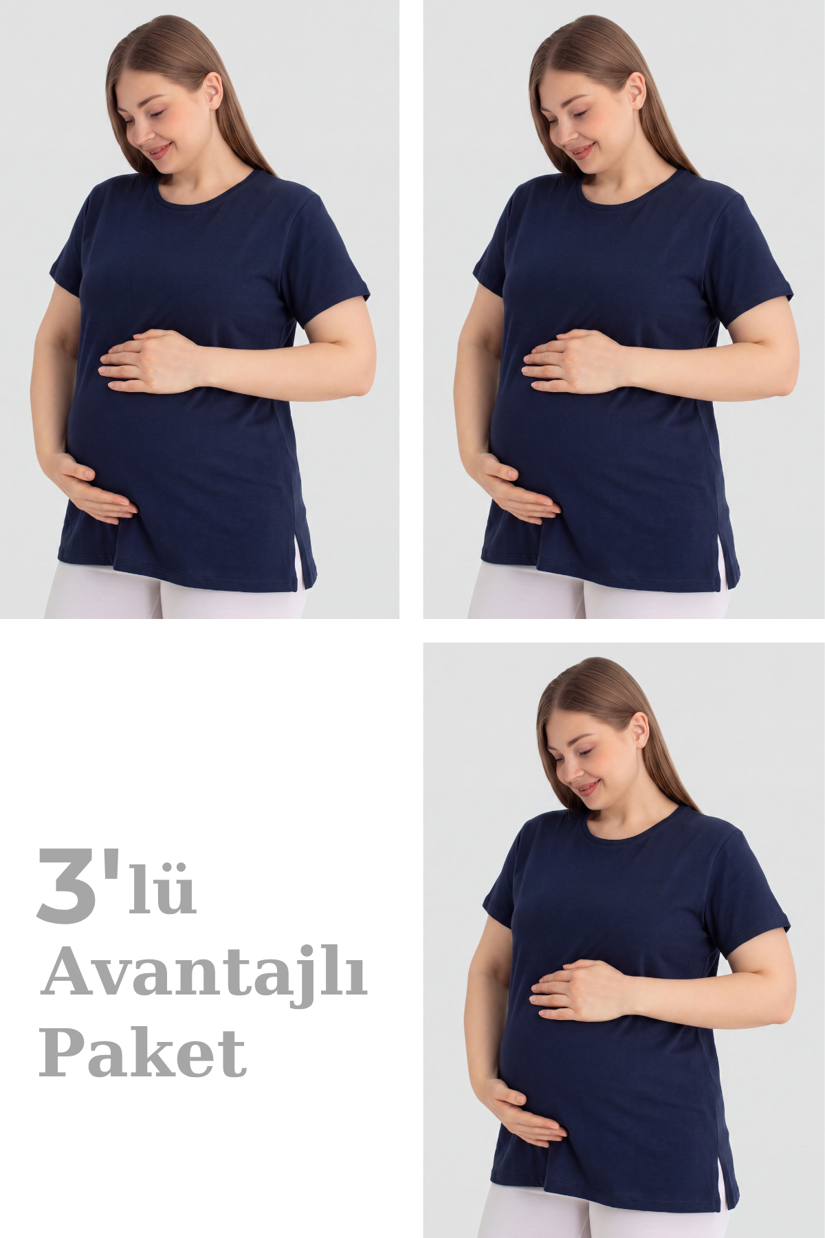 Pamuklu Kısa Kollu Hamile Tişört Lacivert 3'lü Paket – Yumuşak ve Rahat Hamile Giyim