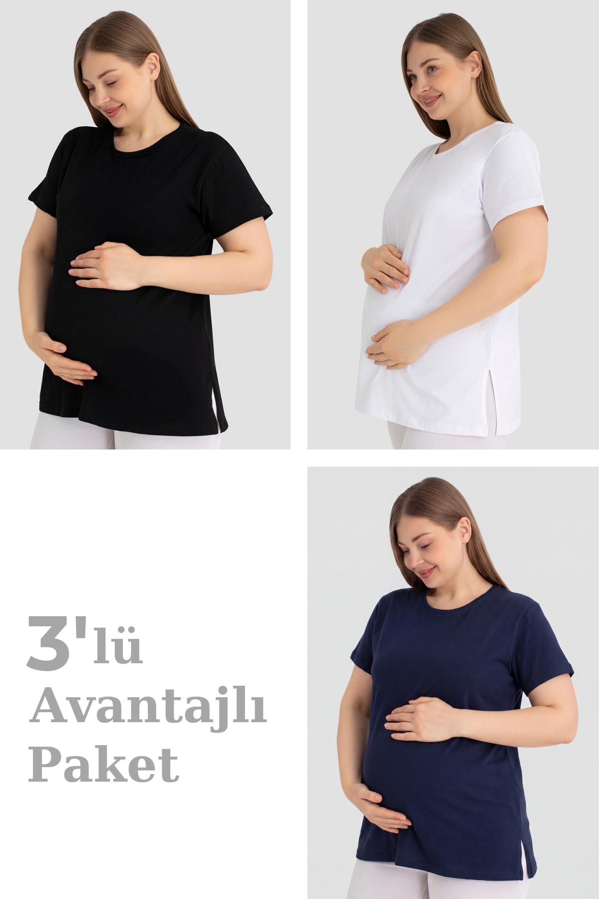 Pamuklu Kısa Kollu Hamile Tişört Renkli 3'lü Paket – Yumuşak ve Rahat Hamile Giyim