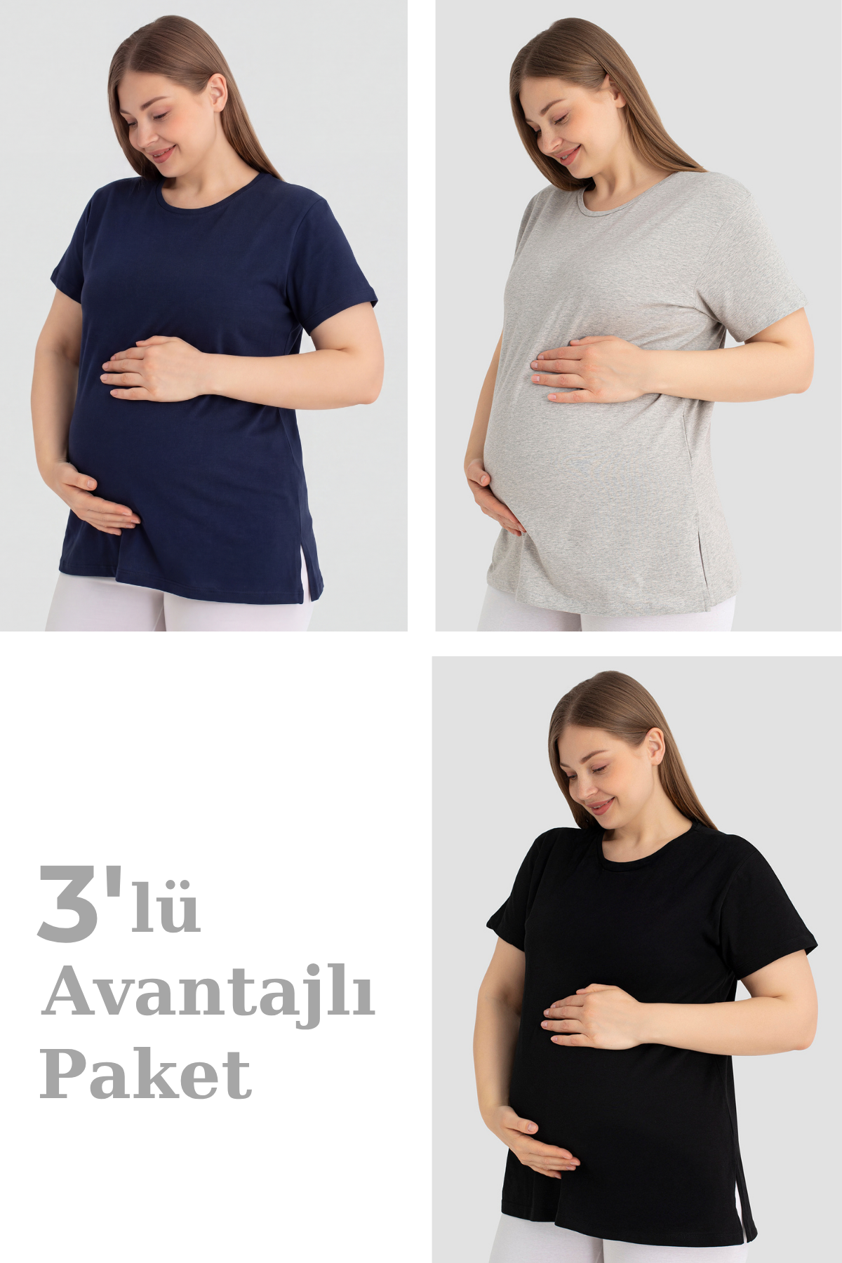 Pamuklu Kısa Kollu Hamile Tişört Renkli 3'lü Paket – Yumuşak ve Rahat Hamile Giyim