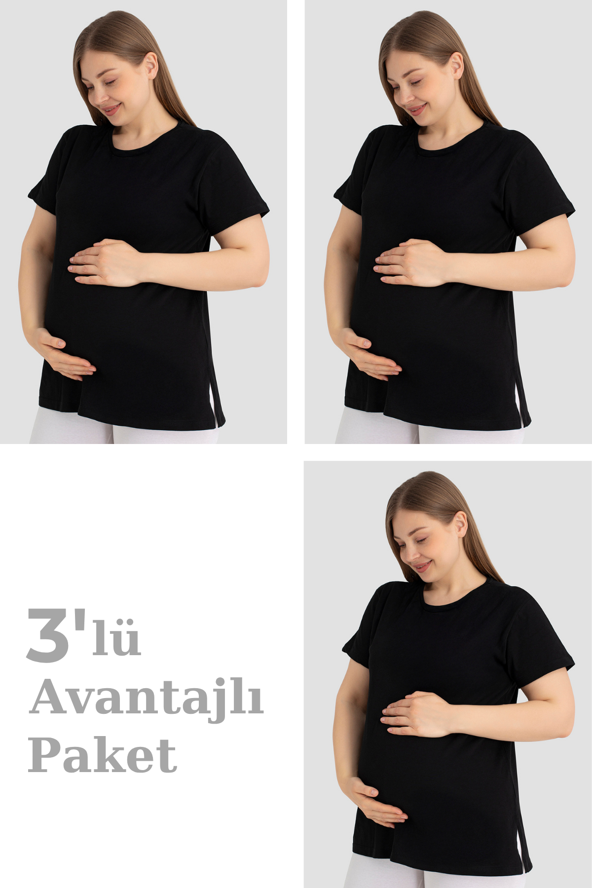 Pamuklu Kısa Kollu Hamile Tişört Siyah 3'lü Paket – Yumuşak ve Rahat Hamile Giyim