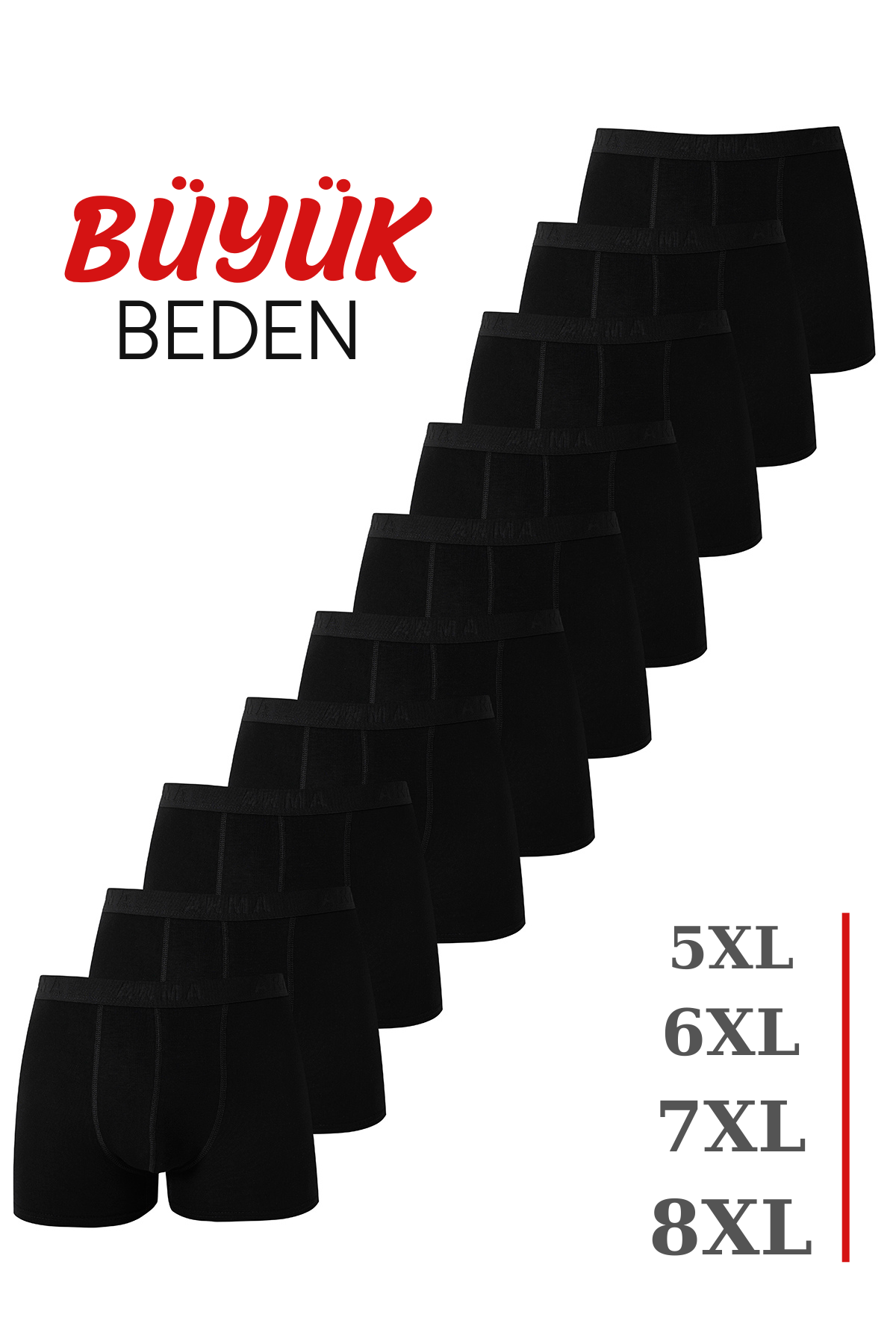 Siyah 10'lu Paket Büyük Beden Erkek Boxer Pamuklu Likralı