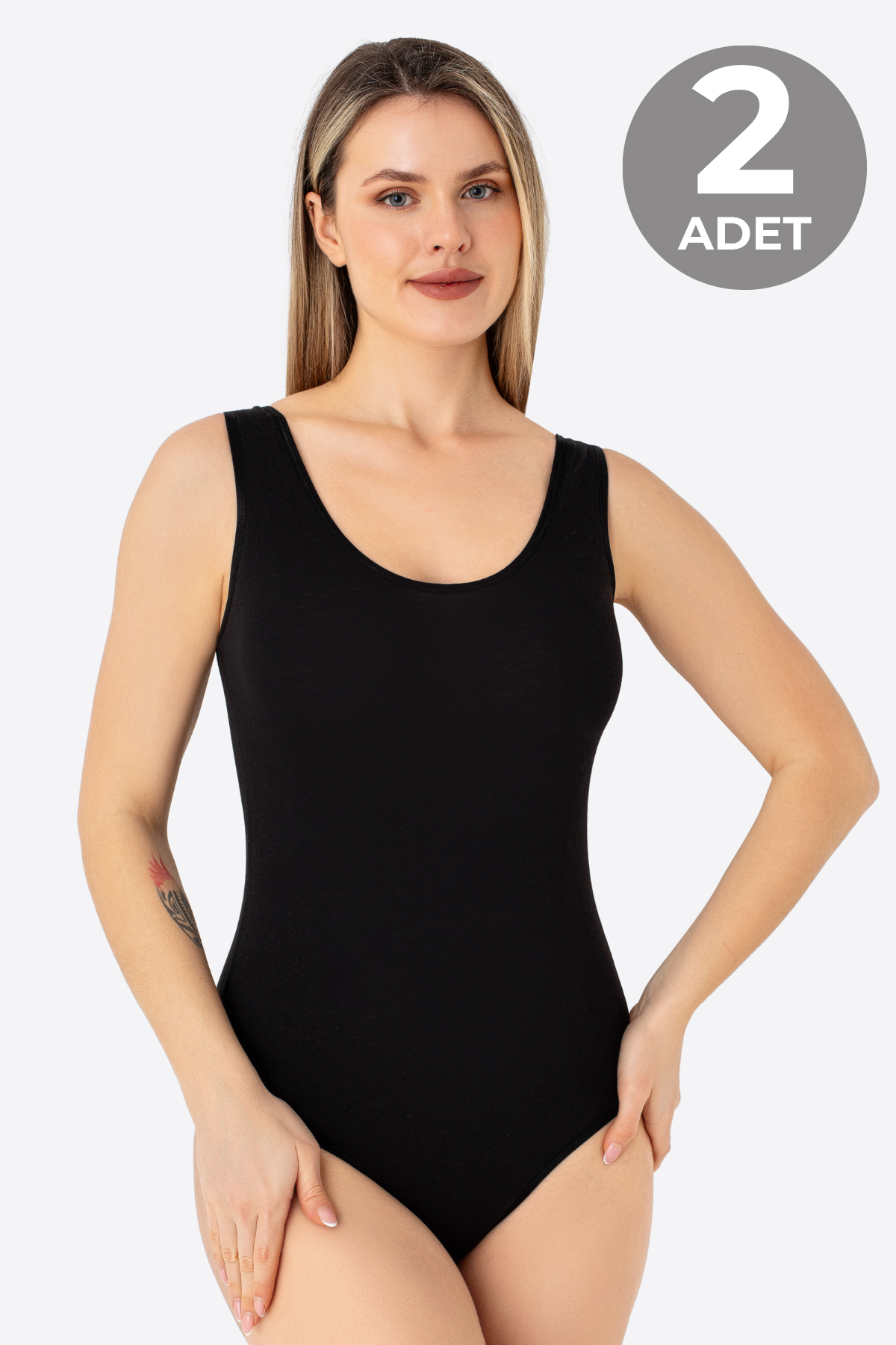 Siyah 2'li Kadın Çıtçıtlı Atlet / Body Kalın Askılı Pamuklu Likralı
