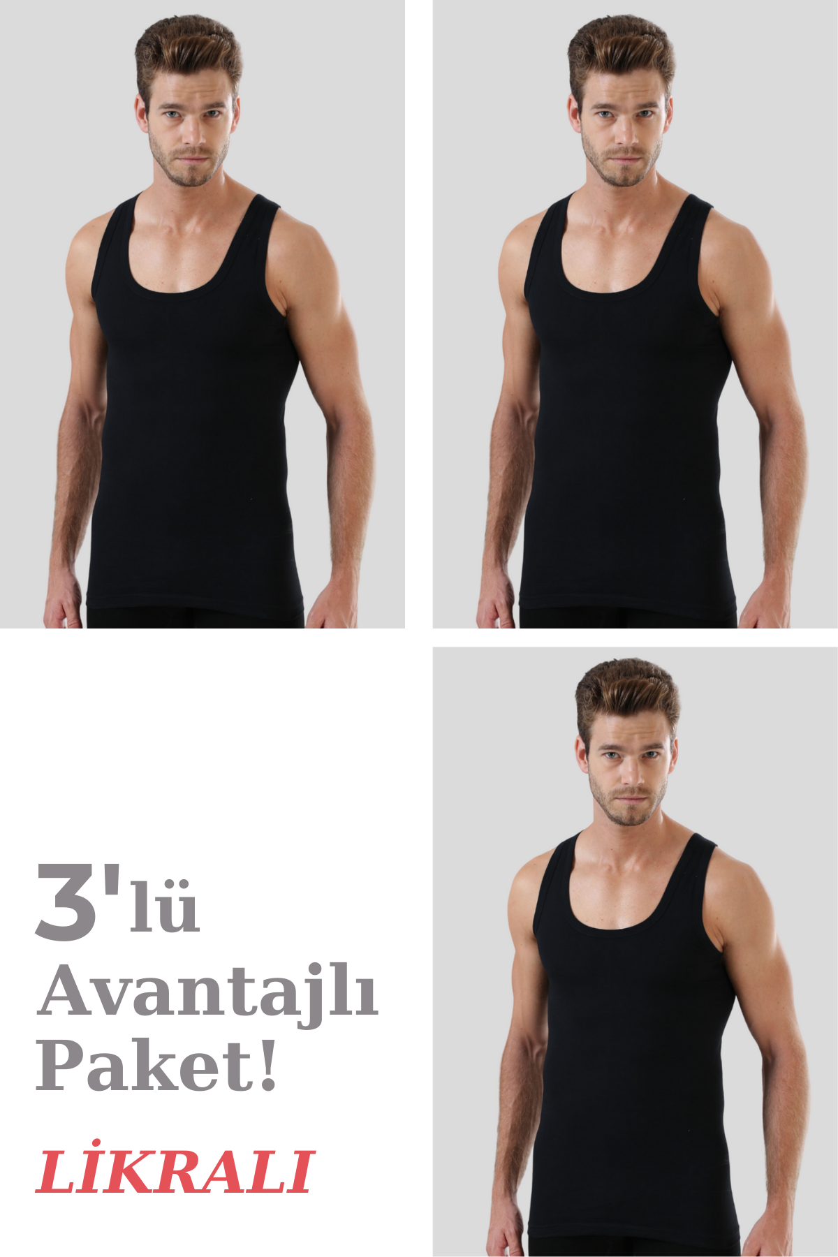 Siyah Pamuklu Likralı Erkek Atlet 3'lü Paket