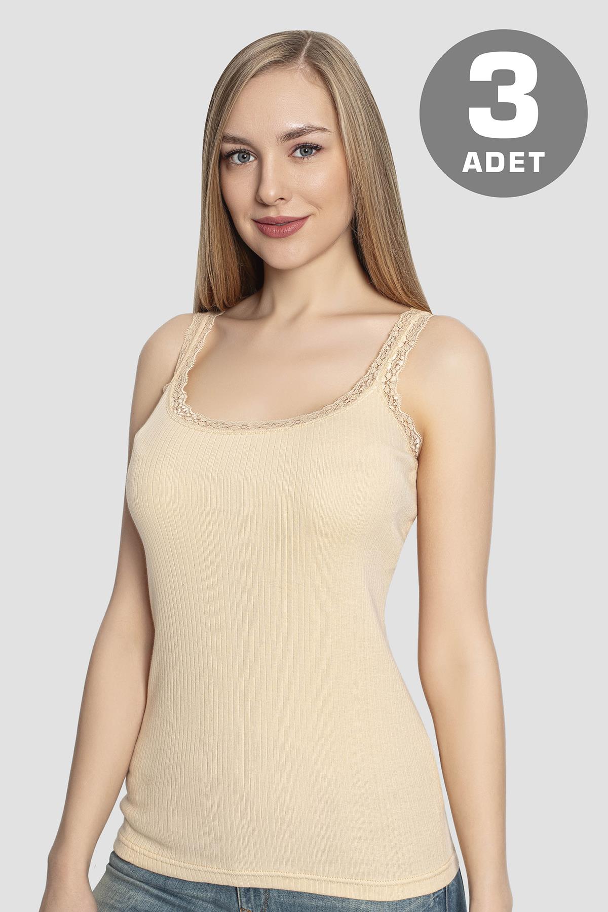 Ten Rengi 3'lü Paket Kadın İnce Askılı Dantelli Atlet %100 Pamuk
