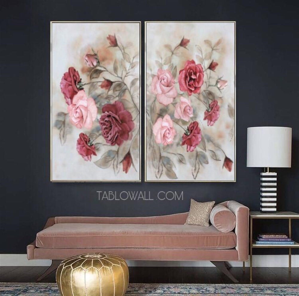 DOUBLE PINK ROSES ÇERÇEVELİ YAĞLI BOYA DOKULU TABLO