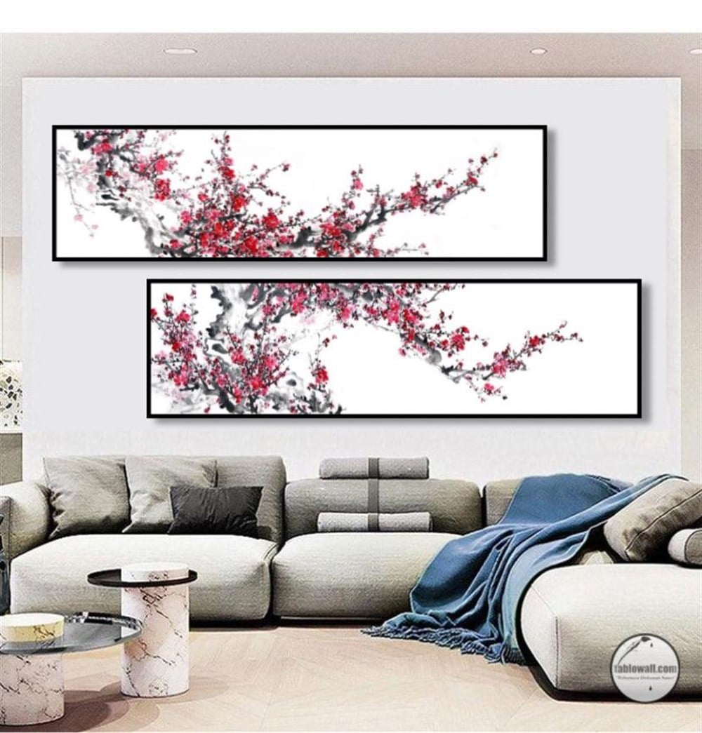 SAKURA ÇERÇEVELİ 2'Lİ YAĞLI BOYA DOKULU TABLO