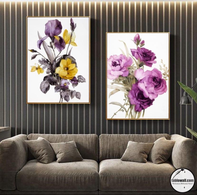 2' Lİ ÇERÇEVELİ ÇİÇEKLİ YAĞLI BOYA DOKULU TABLO