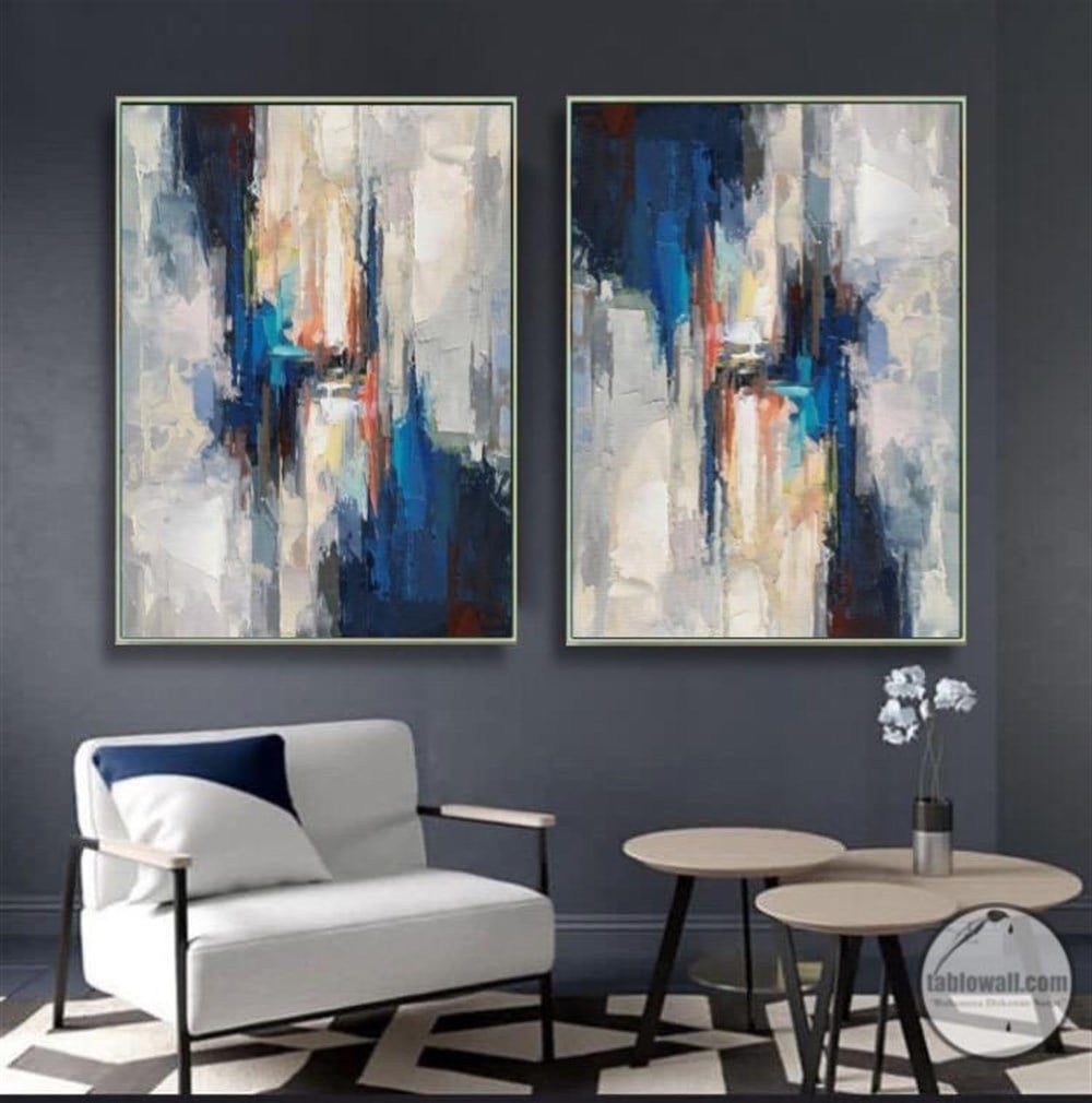 DOUBLE ABSTRACT NAVY BLUE YAĞLI BOYA DOKULU TABLO