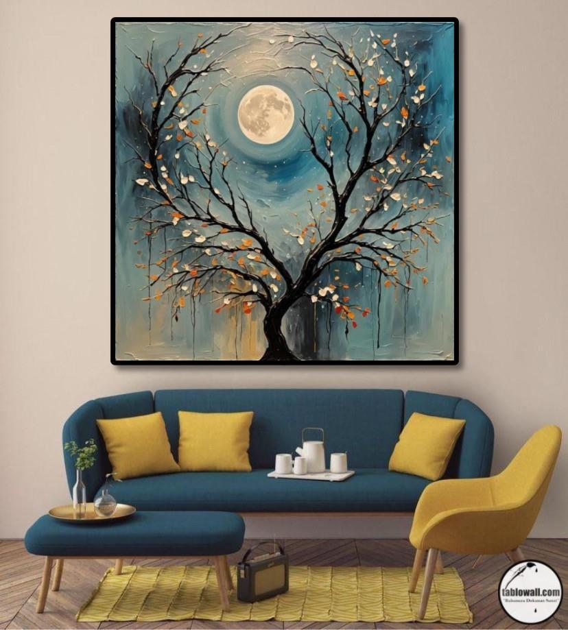 TREE & MOON YAĞLI BOYA DOKULU TABLO