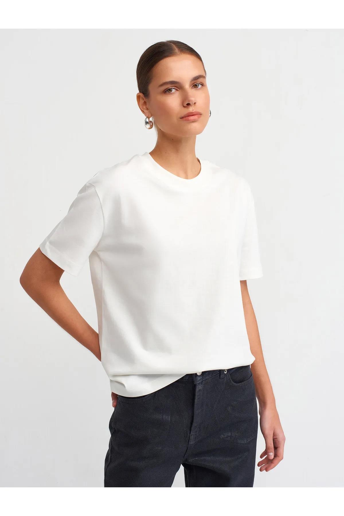 Ekru Bisiklet Yaka Tok Kumaş Tshirt