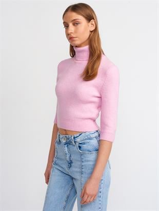 Pembe Balıkçı Yaka Kısa Kol Crop Kazak