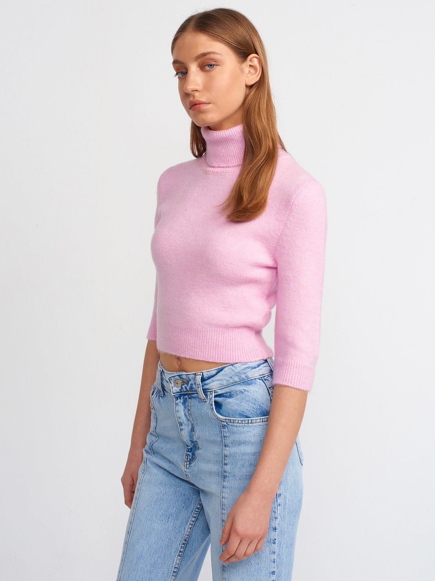Pembe Balıkçı Yaka Kısa Kol Crop Kazak